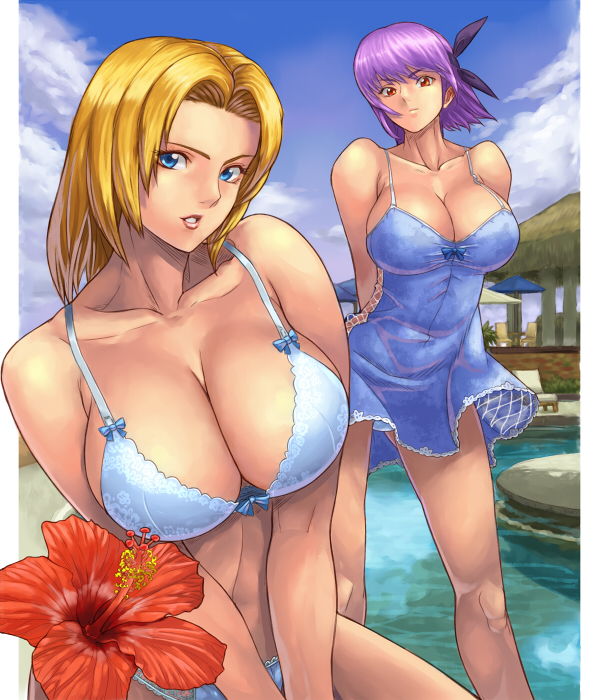 2girls ayane_(doa) bikini blonde_hair blue_eyes blue_lingerie bra cleavage dead_or_alive deep_cleavage huge_breasts ibanen lingerie negligee panties purple_hair purple_hairband red_eyes thong tina_armstrong