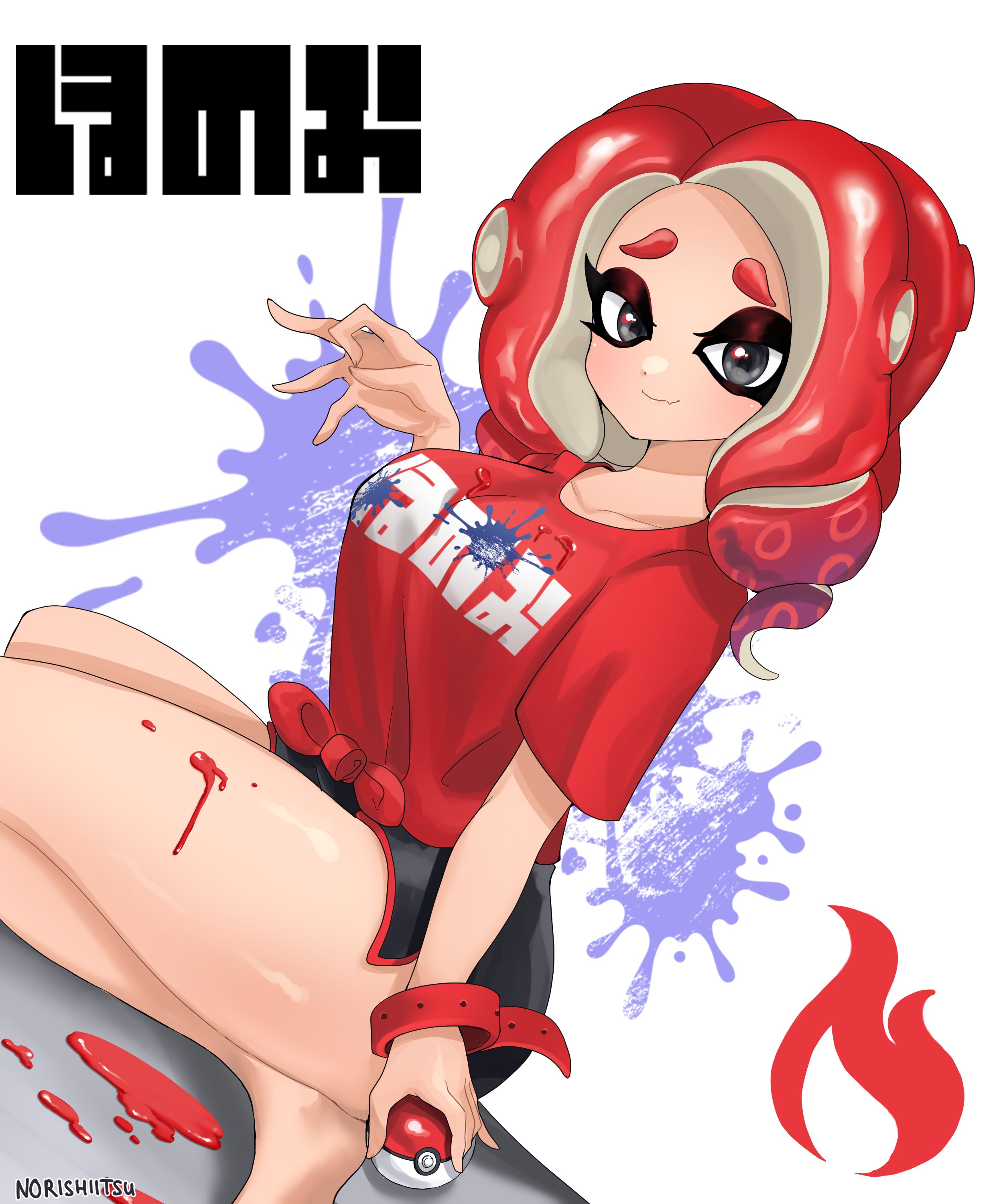 1girls, artist name, black eyes, black shorts, blush, bracelet, breasts, curly hair, dolphin shorts, female, female focus, ink, large breasts, light skin, light-skinned female, looking at viewer, nintendo, norishiitsu, octoling, octoling girl, pokeball, pokemon, red hair, red shirt, seiza, shirt, short hair, shorts, solo, solo female, solo focus, splatfest, splatoon, splatoon (series), splatoon 3, tentacle hair, thick thighs, thighs, twitter link