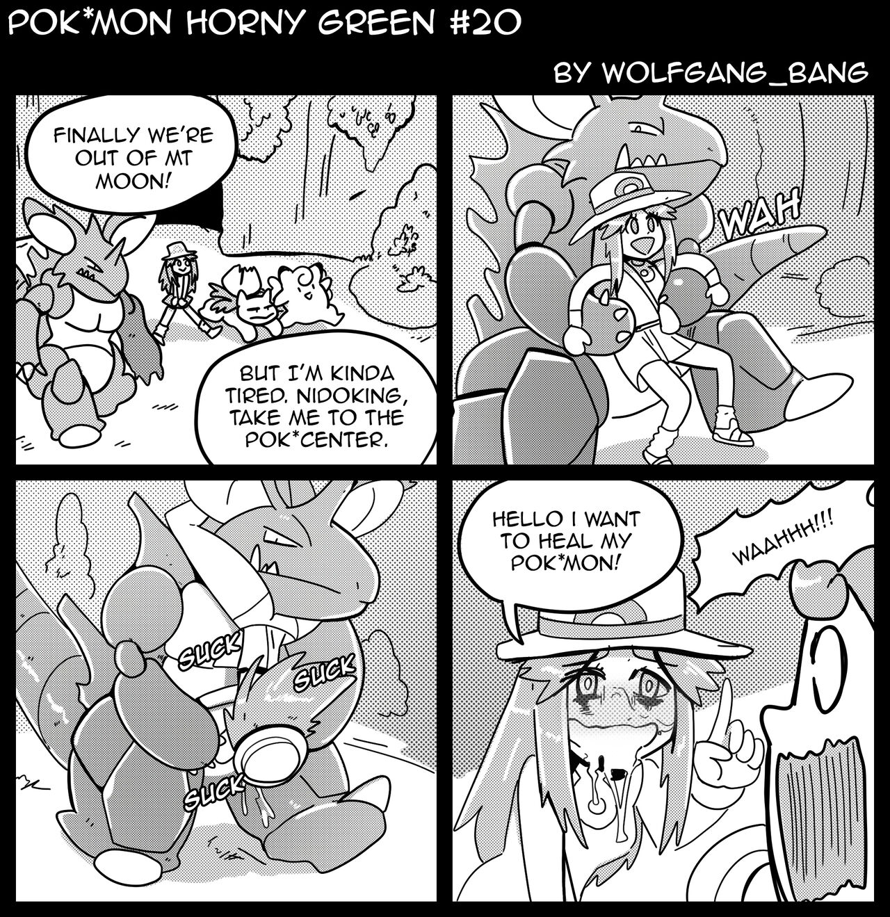 1girls, blowjob, carrying, carrying partner, clefairy, comic, english text, fellatio, female, hat, held, ivysaur, leaf (pokemon), monochrome, nidoking, nurse joy, pokémon (species), pokemon, pokemon (species), pokemon frlg, pokemon horny green, pokephilia, speech bubble, text, upside-down, wolfgang bang