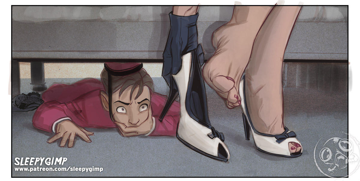 1boy arched_soles barefoot feet female gloves hand_over_mouth heels hiding lady_carmilla_le_fey_(sleepygimp) leopold_(sleepygimp) nails open_toe_shoes patreon_username red_nails red_toenails sleepygimp soles spying toenail_polish toenails toes url