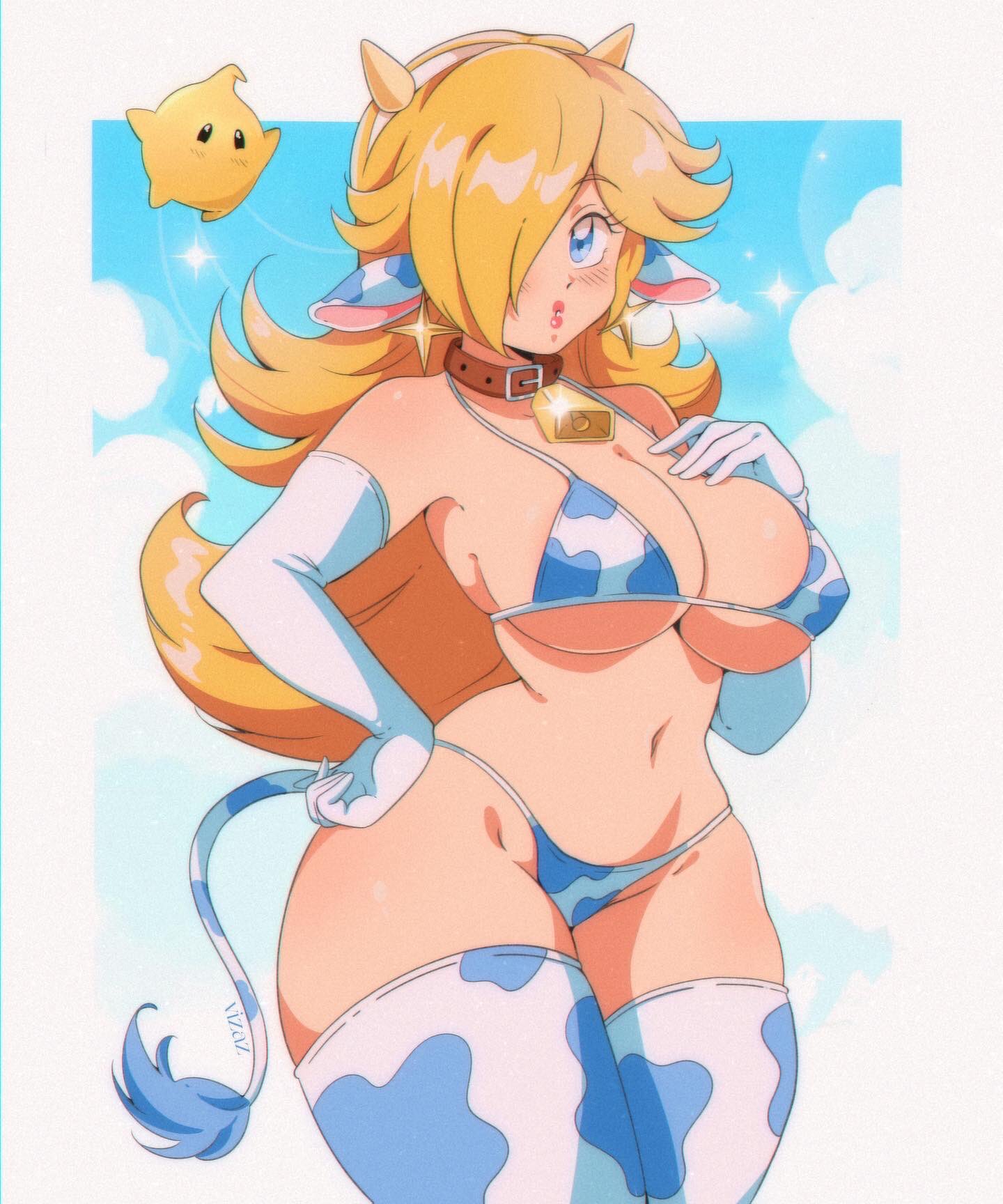 1girls, 5:6, animal ears, animal print, bell, bikini, blonde hair, blue bikini, blue eyes, blue sky, blue thighhighs, blush, border, breasts, cleavage, collar, commentary, cow ears, cow girl, cow print, cow print bikini, cow print thighhighs, cow tail, cowboy shot, earrings, elbow gloves, female, gloves, hair over one eye, hand on own chest, hand on own hip, highres, horns, jewelry, large breasts, long hair, luma, mario (series), navel, neck bell, nintendo, one eye closed, outside border, parted lips, princess rosalina, print bikini, print thighhighs, red collar, side-tie bikini bottom, sky, solo, standing, stomach, swimsuit, tail, thighhighs, vizaz, white border, white gloves