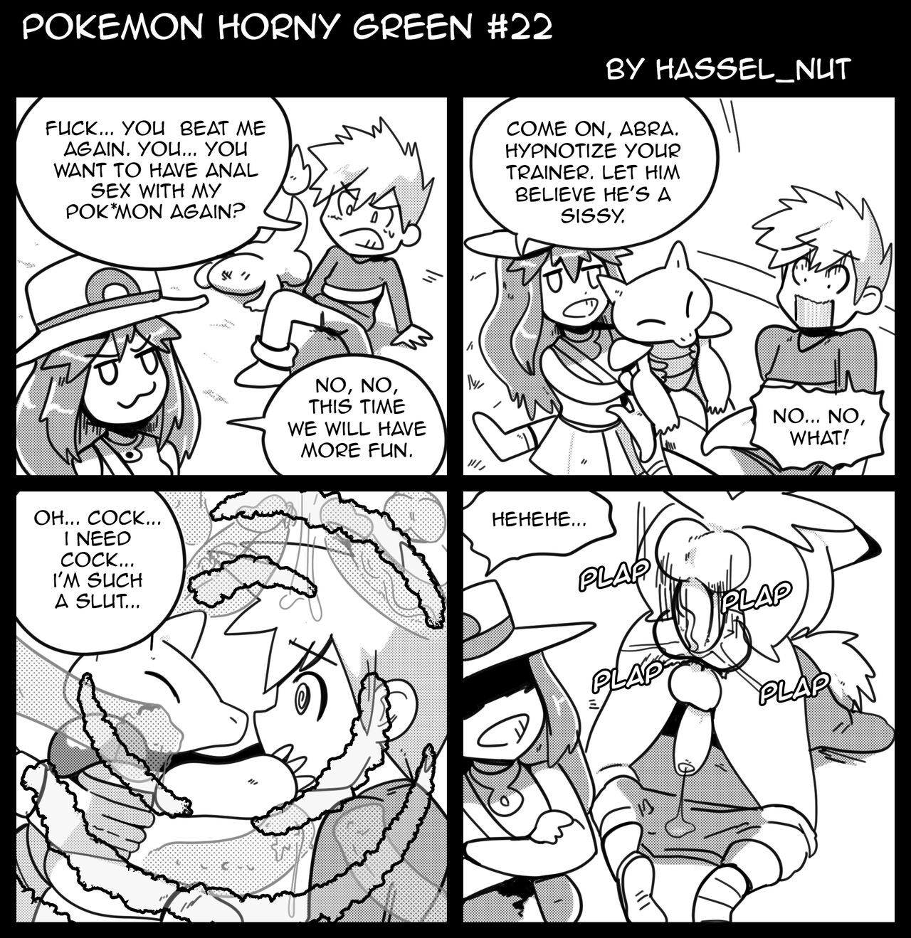 1girls, 2boys, abra, blue oak, charmander, clefairy, comic, defeated, english text, female, female supporting yaoi, gay, hat, hypnosis, leaf (pokemon), male, monochrome, pokémon (species), pokemon, pokemon (species), pokemon frlg, pokemon horny green, pokephilia, sex, speech bubble, text, wolfgang bang, yaoi