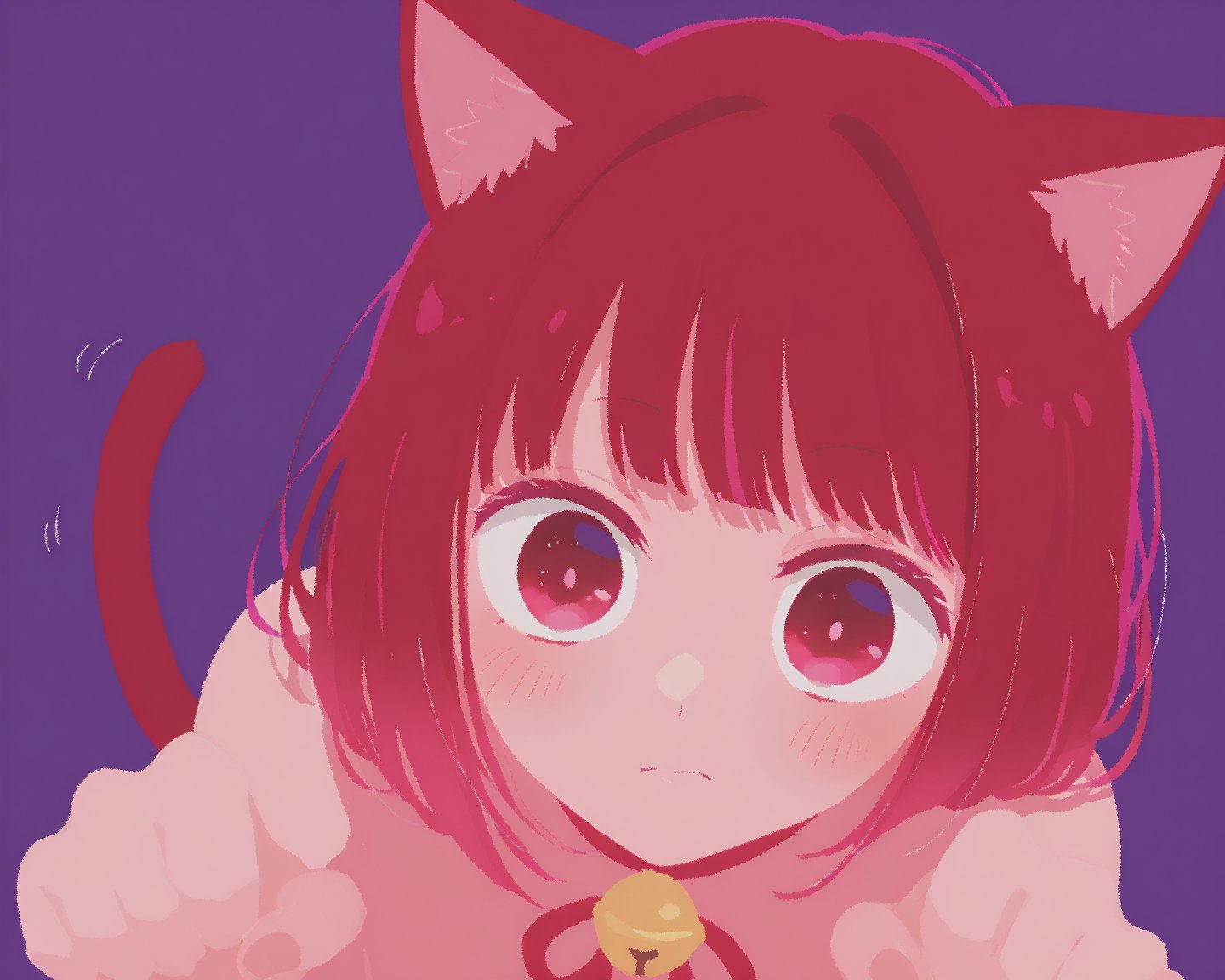 ai assisted, ai generated, animal ears, arima kana, bell, blush, bob cut, cat ears, cat tail, closed mouth, cute, female, implied nudity, inverted bob, looking at viewer, neck bell, oshi no ko, paw pose, purple background, rawr69, red eyes, red hair, red ribbon, ribbon, short hair, simple background, solo, tail, upper body