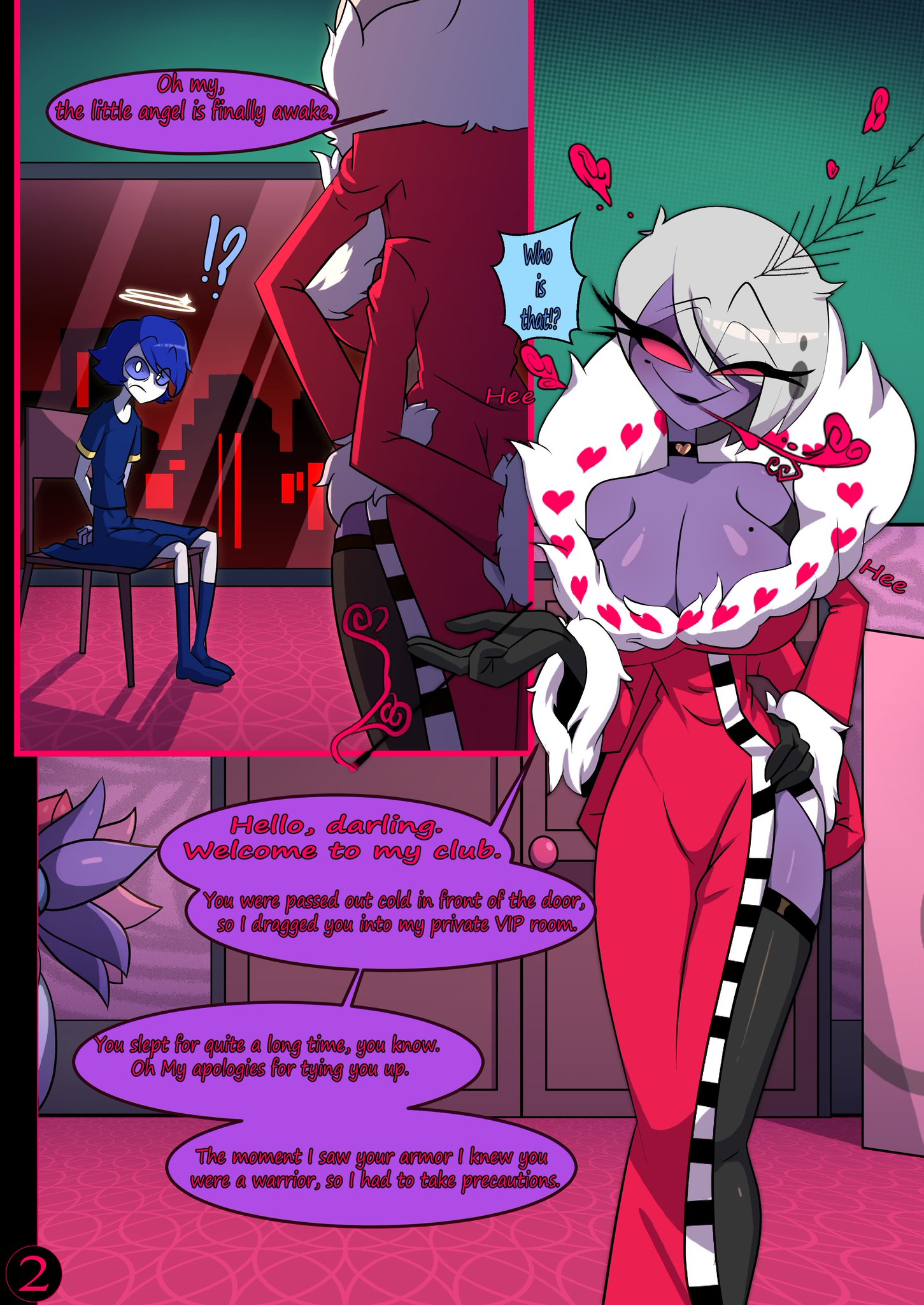 big breasts, blue hair, cigarette holder, comic, dialogue, fur coat, fur-trimmed jacket, hazbin hotel, hourglass figure, purple skin, rule 63, tagme, thin waist, usagi star, valentino (hazbin hotel), white hair