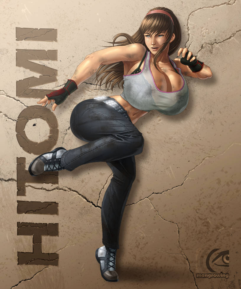 1girls, bolt on tits, breast implants, breasts, brown hair, dead or alive, enhanced breasts, fake breasts, female, female only, fighting stance, full body, hitomi (doa), huge breasts, jeans, mangrowing, pants, silicone, silicone implants, solo