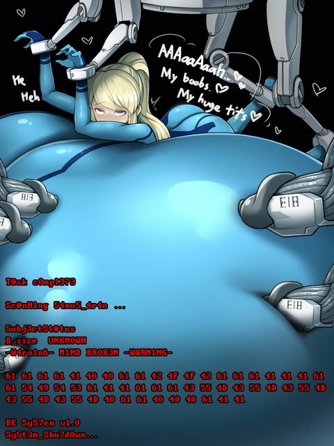 blonde hair, breast expansion, breast growth, breast growth (enlargement), breasts, expansion, female, getting bigger, hyper, hyper breasts, immobile, metroid, mind break, nintendo, orgasm, restrained, samus aran, sinensian, size fetish, text