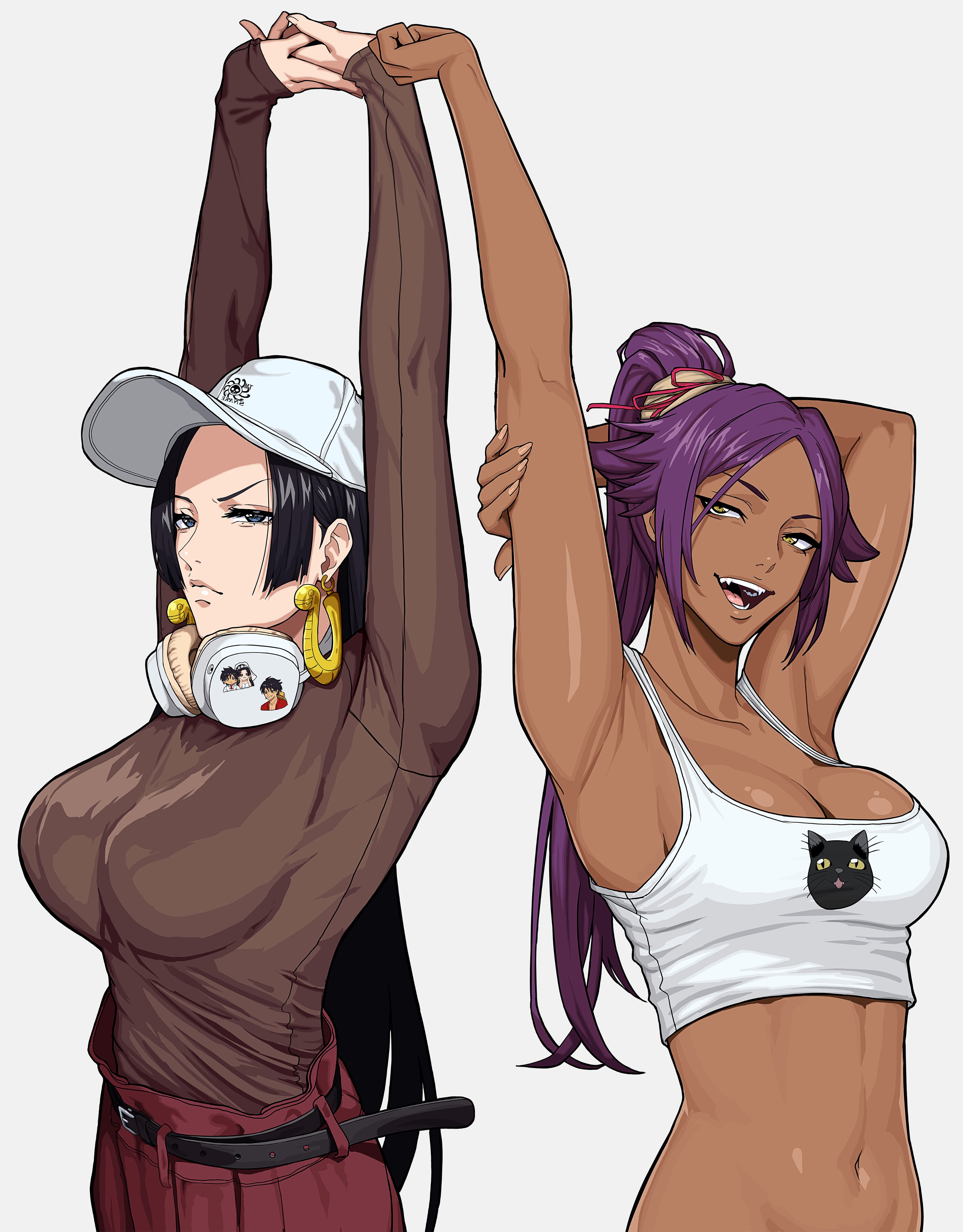 2girls, arms above head, baseball cap, big breasts, black hair, black-haired female, bleach, boa hancock, breasts, busty, closed mouth, crossover, dark skin, dark-skinned female, duo, earrings, female, female only, light skin, light-skinned female, long hair, long sleeves, long-haired female, midriff, mikeypieart, one piece, open mouth, ponytail, purple hair, purple-haired female, shihouin yoruichi, stretching, tank top, white background