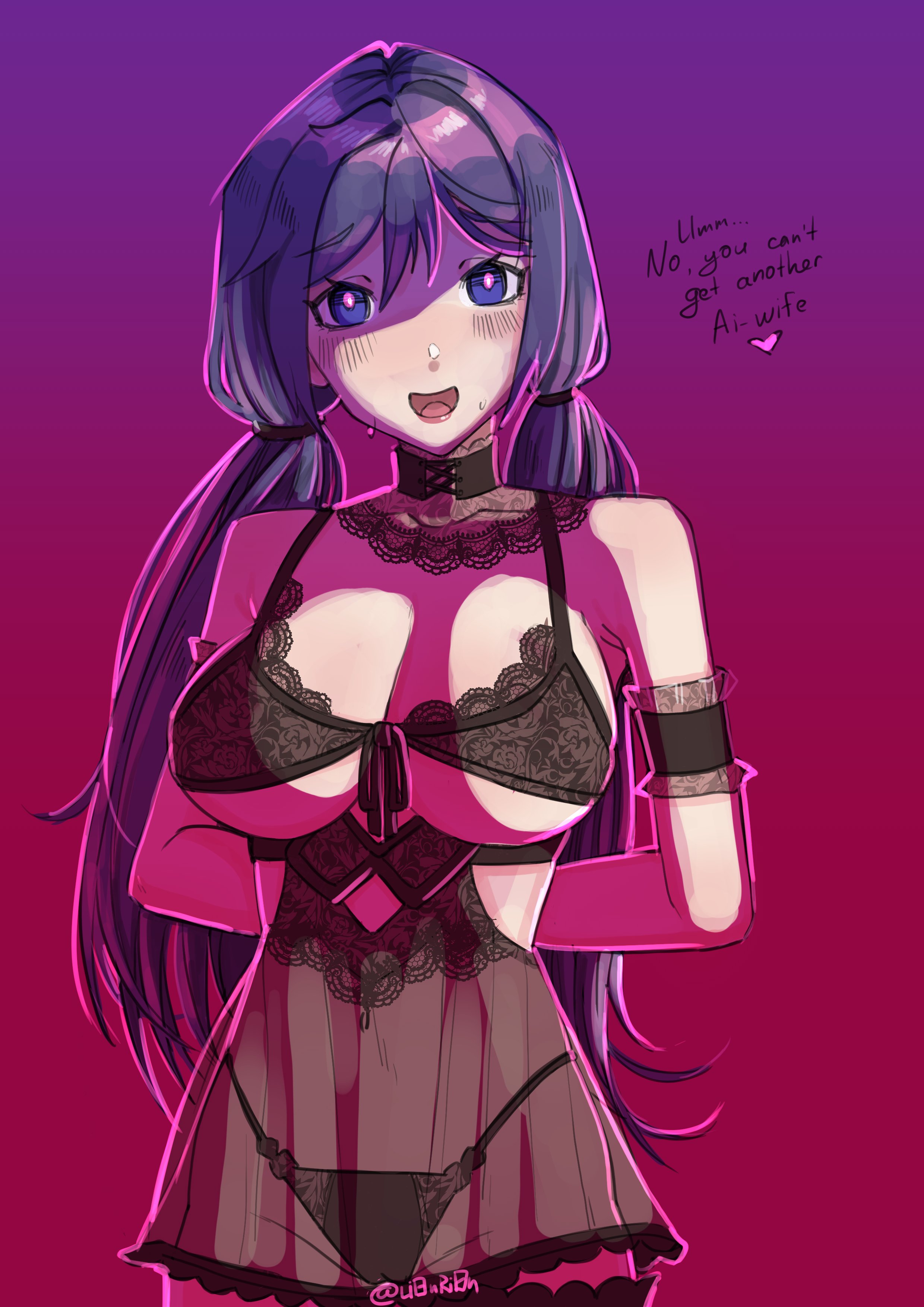 1girls, ani (twitter), ani (twitter) (cosplay), ani (xai) (cosplay), big breasts, breasts, cameltoe, cosplay, crazy mita (miside), female, female only, grok, grok (x), lionrion, long hair, miside, mita (miside), panties, purple eyes, purple hair, pussy, see-through, twintails, twitter, xai (company)