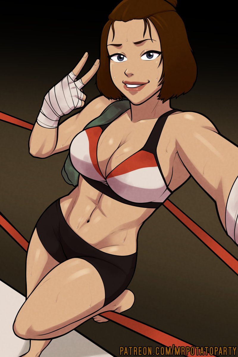 1girls, 2019, abs, alternate breast size, armpits, avatar the last airbender, bandage, big breasts, blue eyes, bra, breasts, brown hair, cleavage, clothing, earth kingdom, female, female only, hourglass figure, human, large breasts, looking at viewer, mrpotatoparty, muscular, muscular female, nickelodeon, peace sign, selfie, shorts, smile, solo, sports bra, suki, sweat, sweaty breasts, tank top, text, url, v, watermark, wide hips, workout, workout clothes