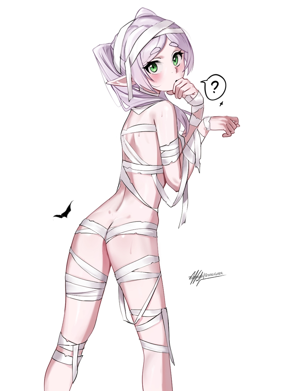 ?, 1girls, ass, bandaged arm, bandaged chest, bandaged hand, bandaged head, bandaged leg, bandaged torso, bandages, bat (animal), elf, female, frieren, green eyes, grey hair, halloween, halloween costume, highres, looking at viewer, mummy costume, naked bandage, petite, pointy ears, robe, simple background, solo, sousou no frieren, speech bubble, spoken question mark, waligner, white background