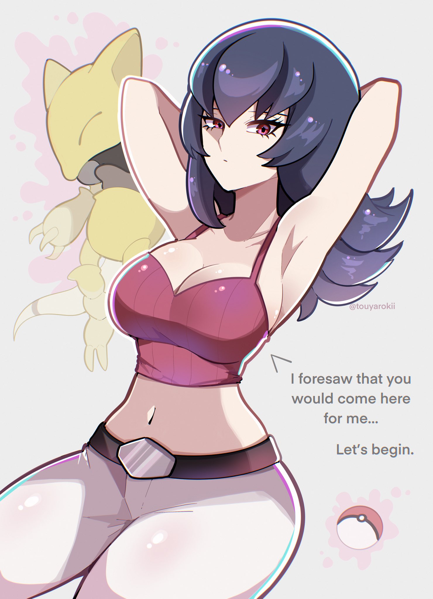 abra, armpits, black hair, breasts, cleavage, crop top, english text, female, fully clothed, gym leader, midriff, nintendo, pink eyes, pink topwear, pokemon, pokemon (species), pokemon hgss, sabrina (pokemon hgss), sabrina (pokemon), skintight, slim waist, touyarokii, white bottomwear, wide hips