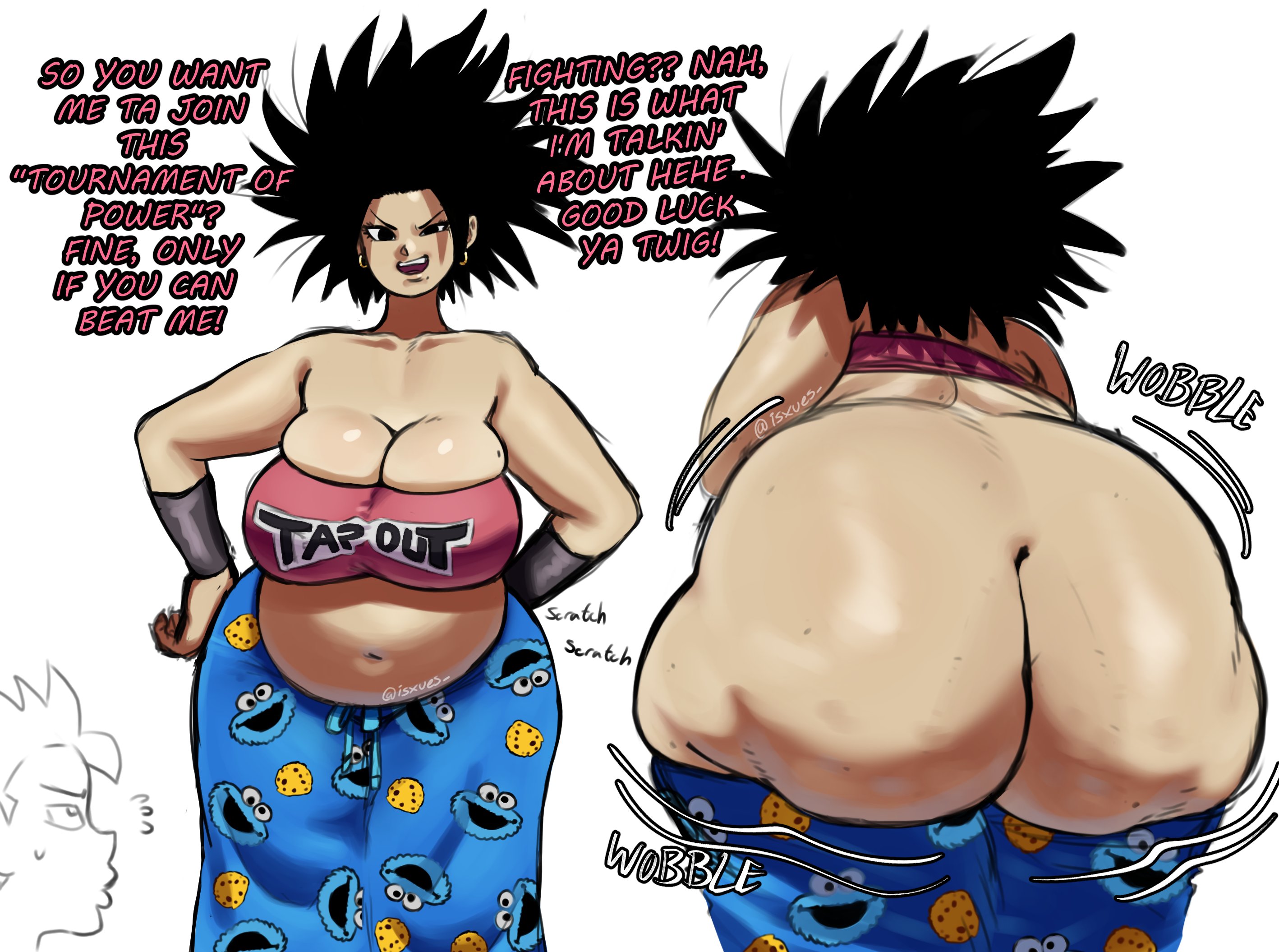 1boy, 1girls, ass, bbw, big ass, big breasts, bottom heavy, breasts, bubble ass, bubble butt, busty, cabba, caulifla, chubby, chubby female, cleavage, crop top, dialogue, dragon ball, dragon ball super, ear piercing, earrings, fat ass, female, female focus, female saiyan, huge ass, huge breasts, isxues, large ass, large breasts, male, massive ass, pajama pants, pajamas, pants, pants down, piercing, saiyan, text, text on clothing, thick ass, thick thighs, white background, wide hips