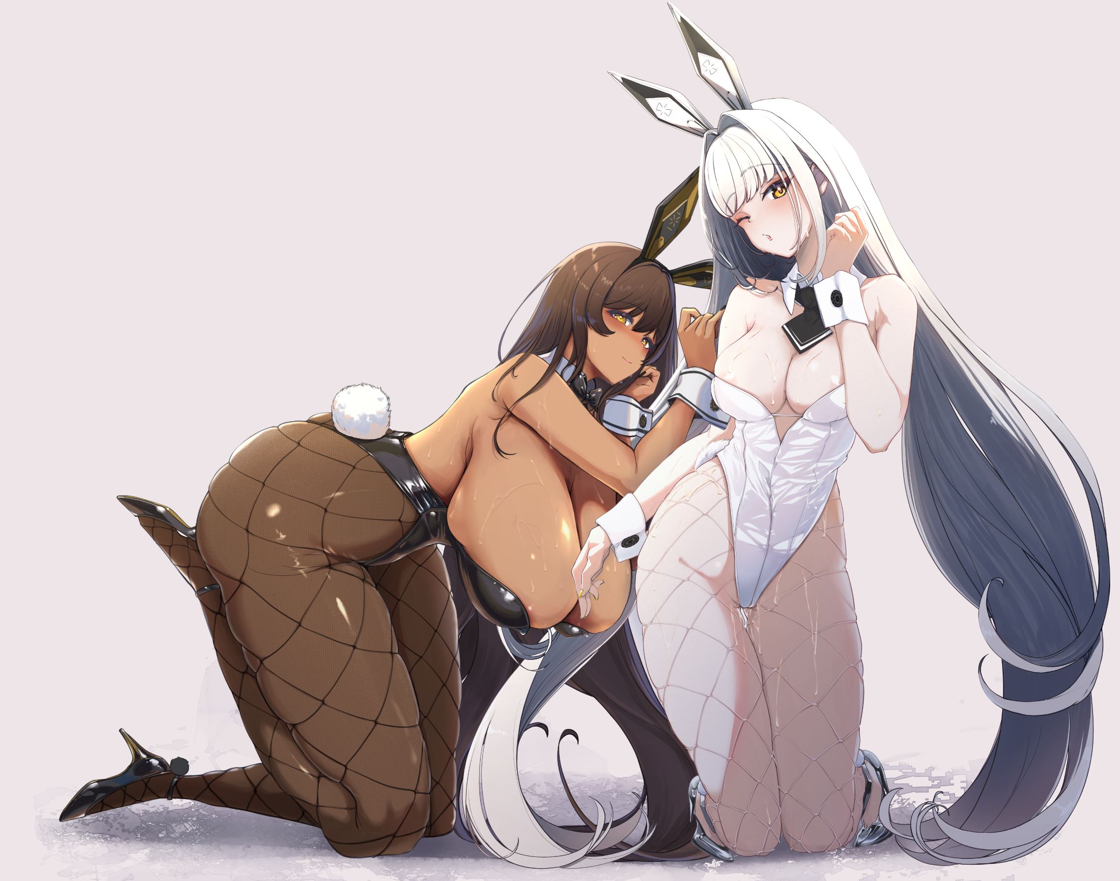 2girls, 777 (nikke), amber eyes, areolae, ass, big ass, big breasts, big butt, big hips, black bunnysuit, blanc (nikke), breasts, breasts bigger than head, brown hair, bunny ears, bunny girl, bunny tail, bunnysuit, busty, cuffs, cuffs (clothing), dark skin, dark-skinned female, female, female only, fishnets, goddess of victory: nikke, grey background, heels, hips, huge breasts, ichido lamb0141, large breasts, light skin, light-skinned female, long hair, looking at viewer, mostly clothed, noir (nikke), pantyhose, sweat, sweatdrop, sweating, sweaty, tagme, thick thighs, thighs, tie, tight clothing, white bunnysuit, white hair, winking at viewer