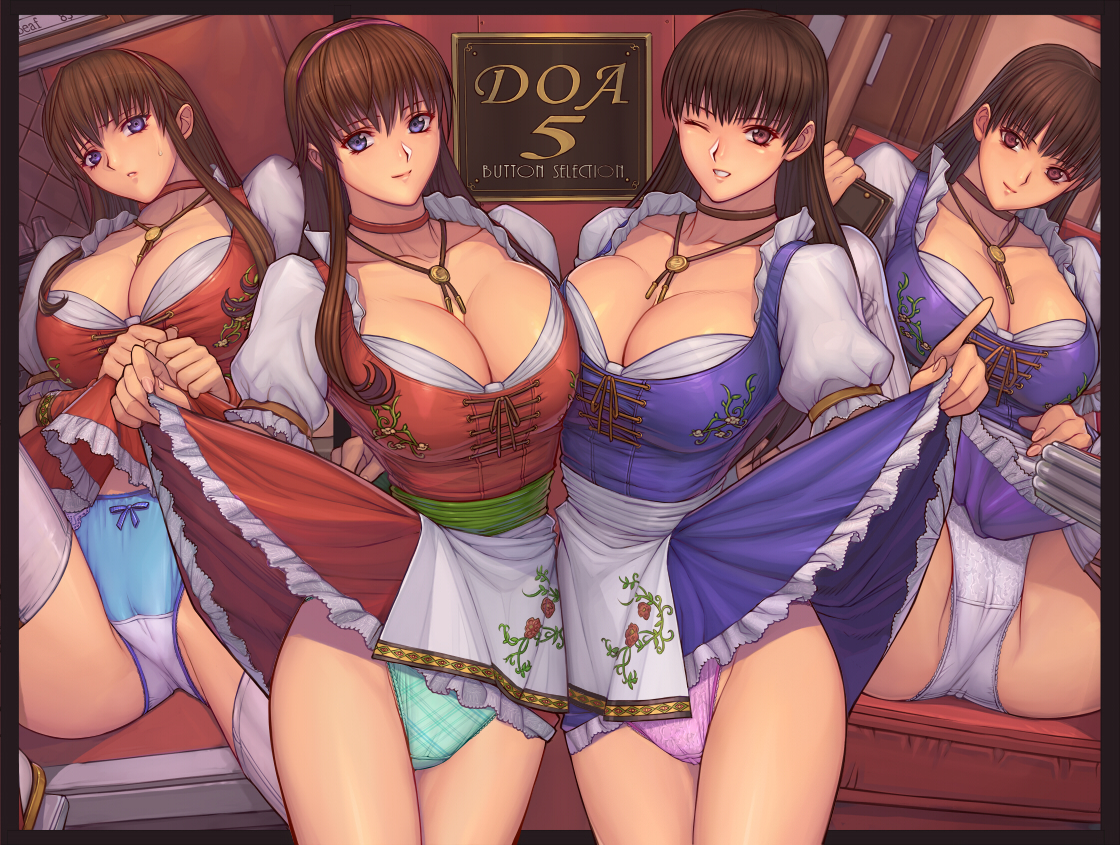 2girls, blue eyes, breasts, brown hair, cameltoe, cleavage, dead or alive, female, full cleavage, hitomi (doa), huge breasts, ibanen, lei fang, multiple females, multiple girls, pussy, skirt lift, waitress