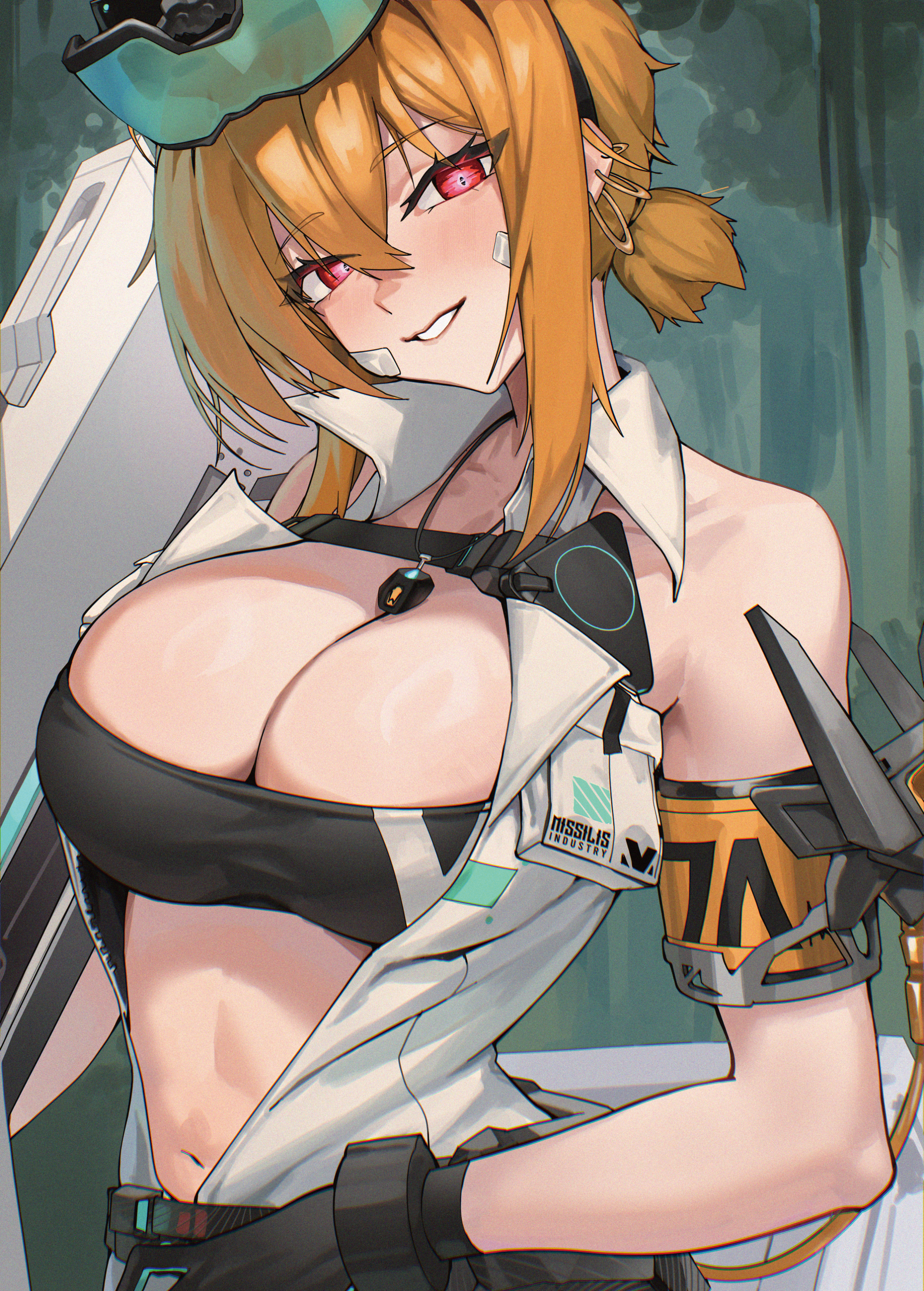 1girls, abs, absurdres, armband, bandaid, bandaid on cheek, bandaid on face, bare shoulders, black sports bra, blonde hair, blush, breasts, chest harness, cleavage, collarbone, commentary, crossed bangs, dress, ear piercing, eyewear on head, female, female only, gloves, goddess of victory: nikke, gun, hair between eyes, harness, highres, holding, holding gun, holding weapon, jewelry, kimkichun, large breasts, looking at viewer, maxwell (nikke), midriff, multiple piercings, navel, necklace, official alternate costume, parted lips, piercing, ponytail, red eyes, rifle, short hair, short hair with long locks, short ponytail, sidelocks, sleeveless, sleeveless dress, smile, sniper rifle, solo, sports bra, standing, teeth, unzipped, weapon, white dress, yellow armband