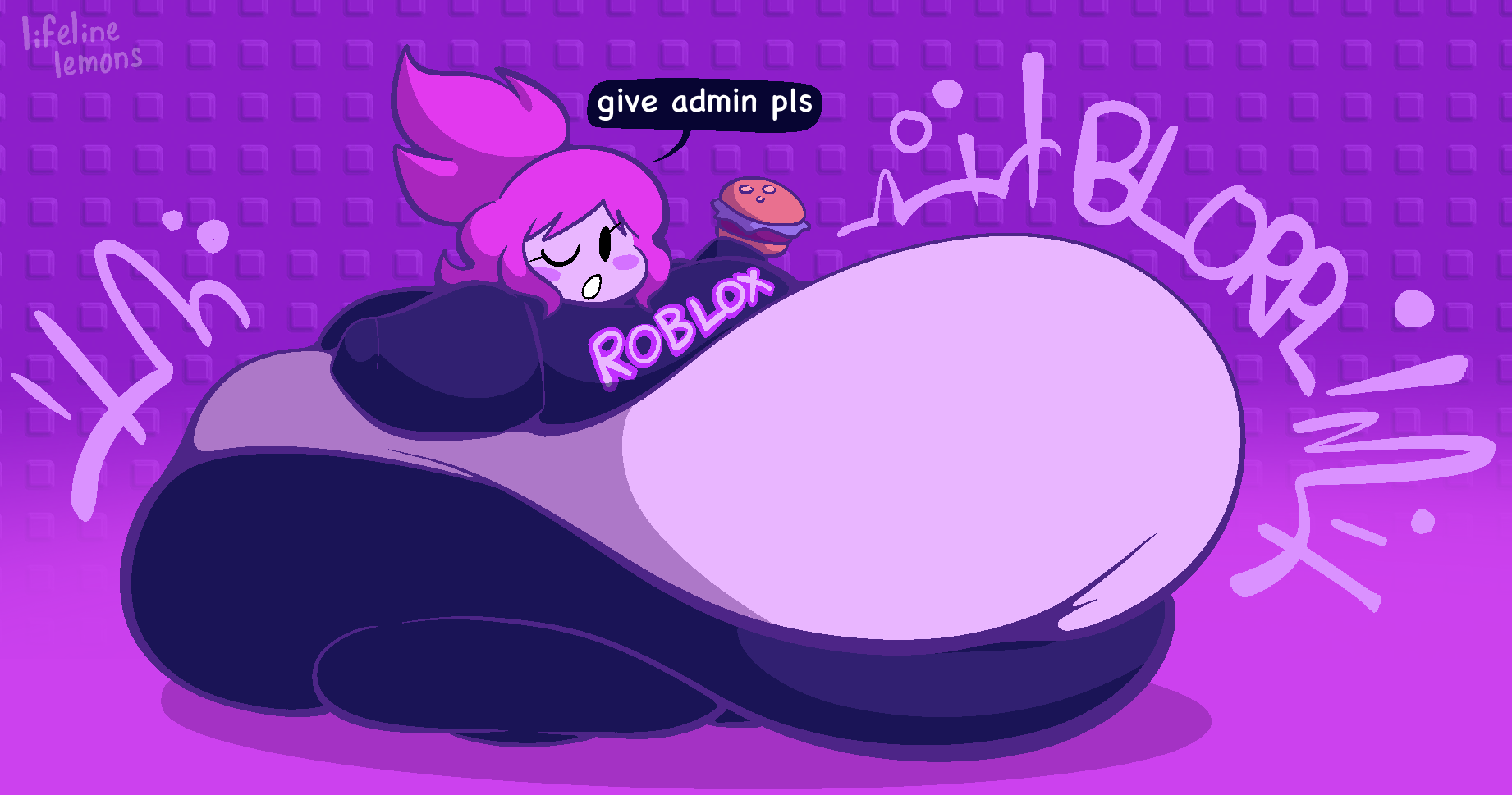 1girls, belly, english text, fat, female, guest (roblox), lifelinelemons, obese, obese female, overweight, overweight female, purple hair, roblox, robloxian, ssbbw