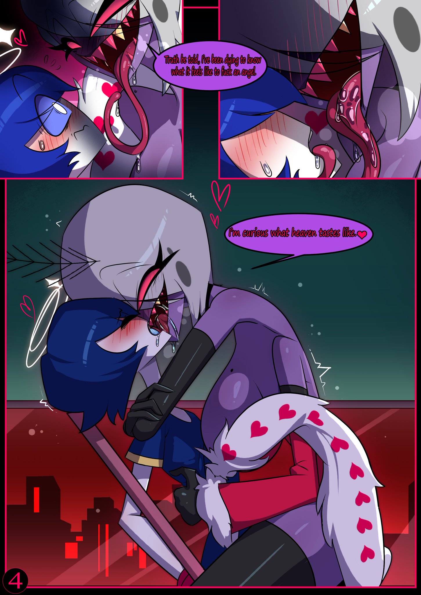 big breasts, blue hair, cigarette holder, comic, dialogue, female valentino, fur coat, fur-trimmed jacket, hazbin hotel, hourglass figure, kissing, long tongue, purple skin, rule 63, sharp teeth, tagme, thin waist, usagi star, valentino (hazbin hotel), white hair
