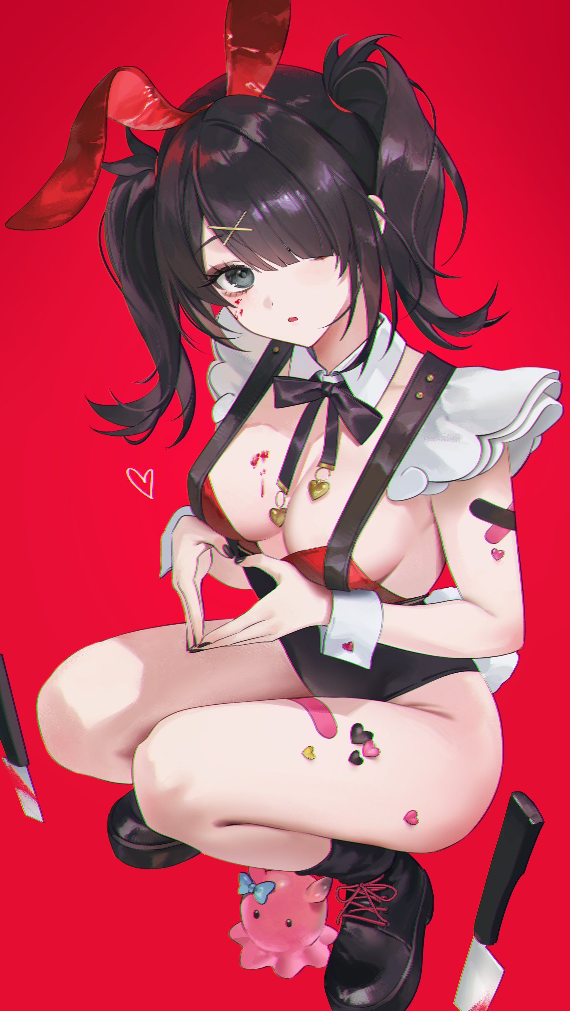 :o, 1girl, absurdres, ame-chan, ame-chan (needy girl overdose), animal ears, bandaid, bandaid on arm, bandaid on leg, black boots, black eyes, black hair, black nails, blood, blood on breasts, blood on face, boots, bow, bowtie, breasts, chromatic aberration, cleavage, commentary, crossed bandaids, detached collar, fake animal ears, full body, groin, hair ornament, hair over one eye, heart, heart hands, highres, knee boots, knife, large breasts, leotard, looking at viewer, naru 0, needy girl overdose, one eye covered, open mouth, rabbit ears, red background, short hair, short twintails, simple background, solo, squatting, twintails, wrist cuffs, x hair ornament