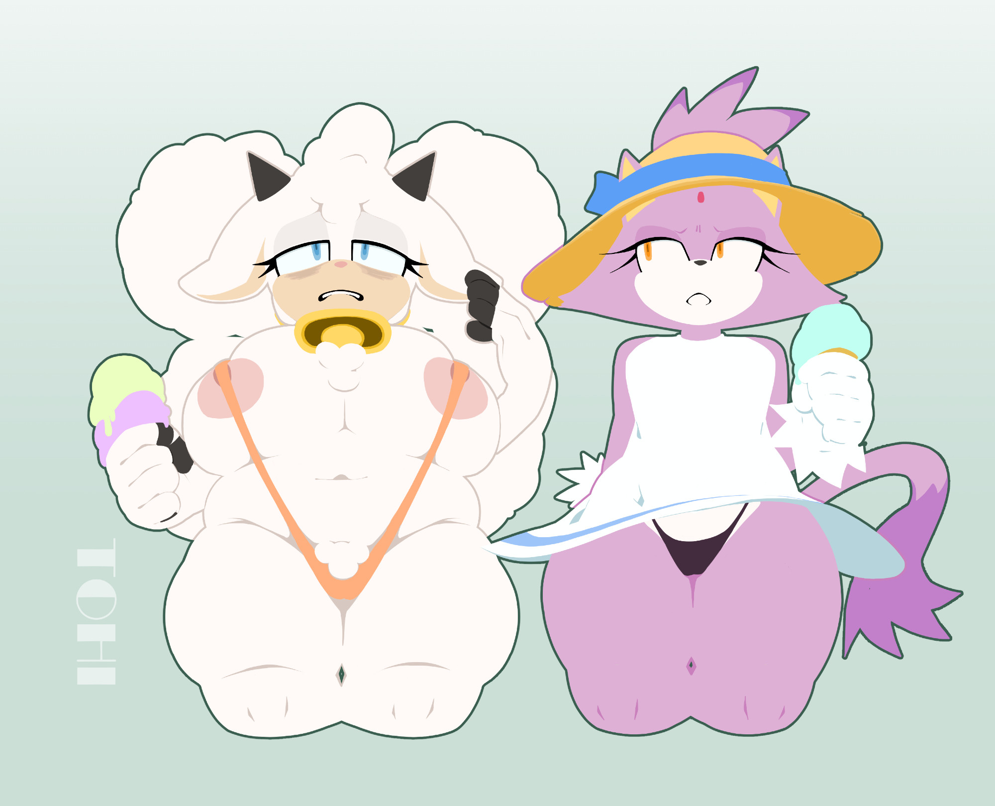 bbq, big breasts, bikini, blaze the cat, breasts, cleavage, female, furry, huge breasts, lanolin the sheep, overweight, sonic (series), sonic the hedgehog (idw), sonic the hedgehog (series), tagme, theonehornedimp, thick thighs, wide hips