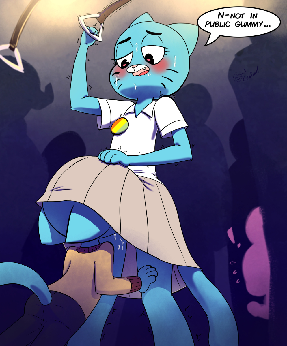 1boy, 2girls, anais watterson, cub, cunnilingus, cunnilingus through clothes, dialogue, dress, dripping, exhibitionism, female, furry, gumball watterson, head under skirt, heart-shaped pupils, implied cunnilingus, implied oral, incest, male, mother and son, nicole watterson, public, soulcentinel, tail, the amazing world of gumball, train, unseen male face, whiskers, young