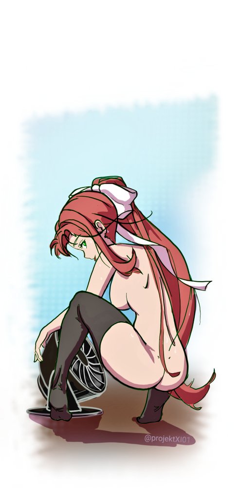 ass, breasts, coral brown hair, doki doki literature club, emerald eyes, fan, female, monika (doki doki literature club), nude, projektxi01, tights, white bow