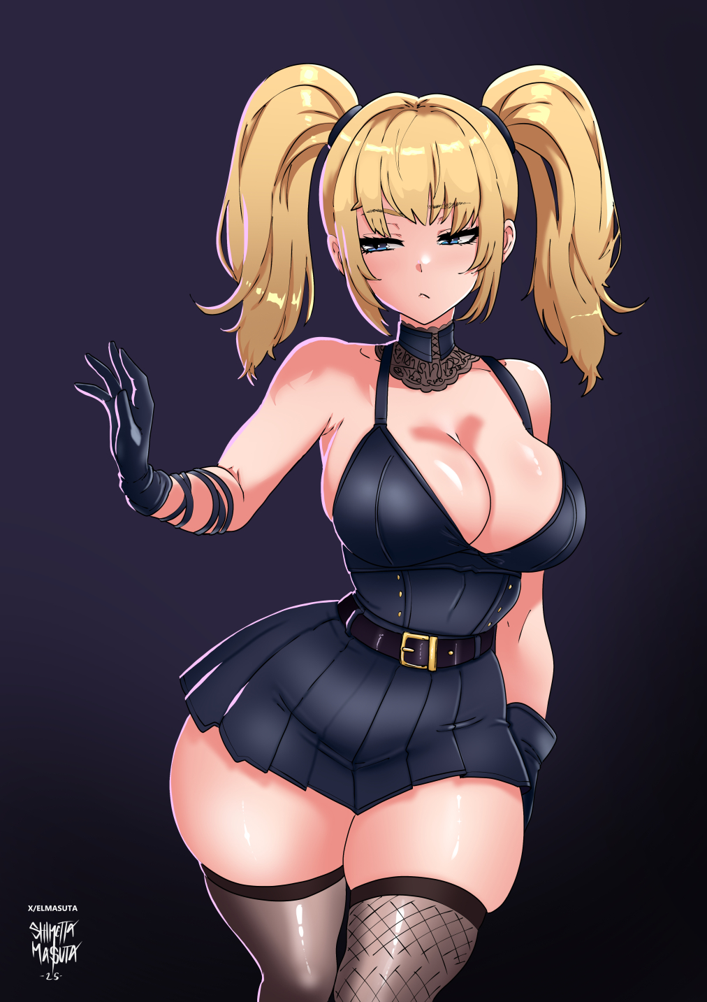 1girls, ani (twitter), blonde hair, breasts, dress, female, female focus, grok (x), grok (xai), large breasts, light skin, light-skinned female, looking at viewer, safe for work, sfw, shimetta masuta, simple background, thick thighs, thighs, twintails, twitter, wide hips
