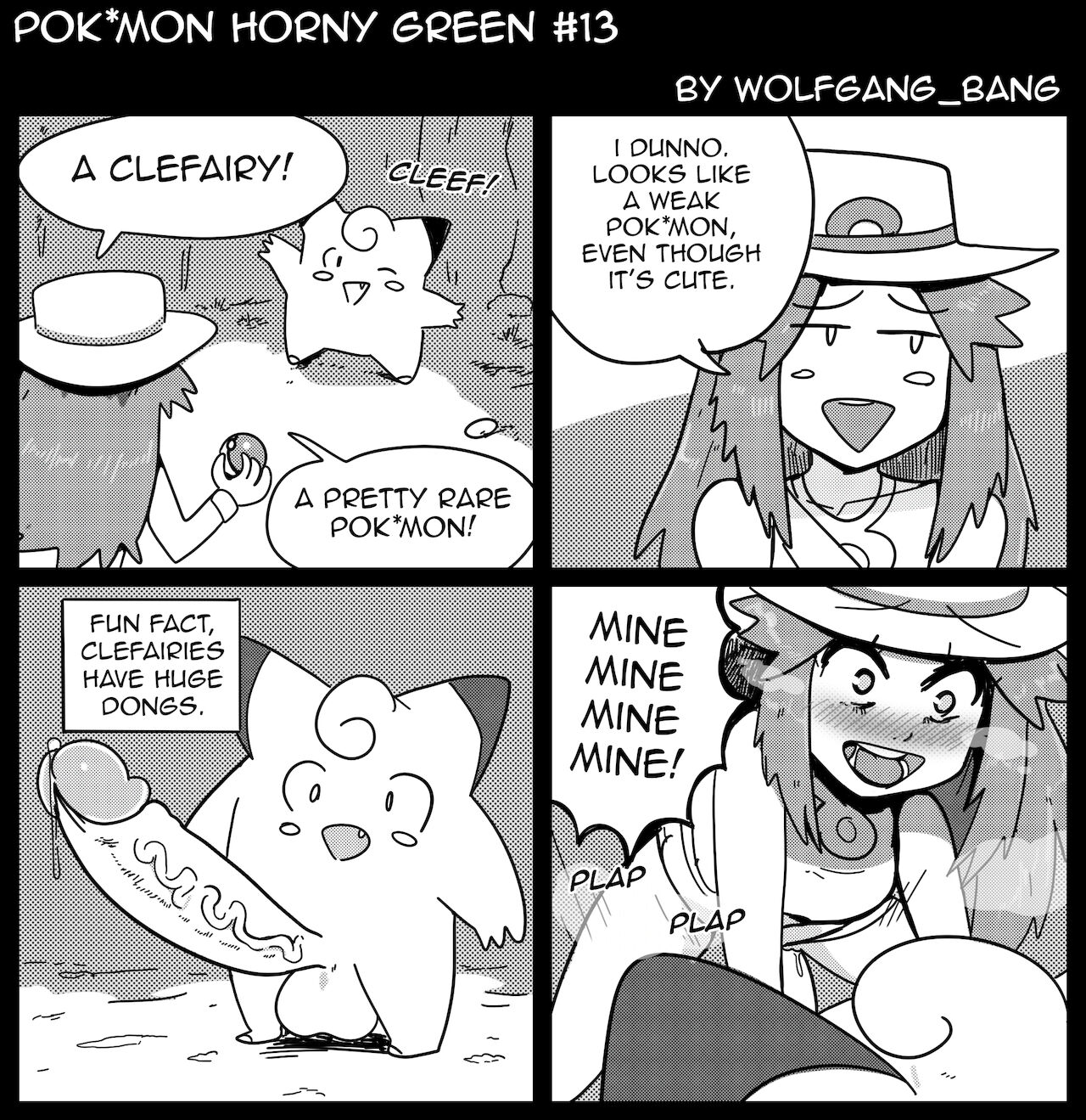 1boy, 1girls, aroused, bottomless, cave, clefairy, comic, english text, female, hat, horny, human, leaf (pokemon), male, male pokemon/female human, monochrome, nymphomania, penis, penis awe, pokémon (species), poke ball, pokeball, pokemon, pokemon (species), pokemon frlg, pokemon horny green, pokephilia, sex, speech bubble, text, wolfgang bang