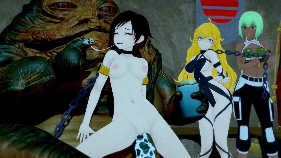 3d, 3d (artwork), 3d background, 3d model, 3d render, alien, amber eyes, anthro, banner, bare arms, bare breasts, bare legs, bare midriff, bare shoulders, bare thighs, barefoot, belly button, big breasts, black collar, black hair, black leotard, black pants, blonde hair, breasts, brown eyes, chain leash, chained, chained collar, chained up, chains, cleavage, closed eyes, collar, crying, crying with eyes closed, cum, cum drip, cum on tail, cum on thighs, cup, dark skin, dark-skinned female, drink, drinking glass, emerald sustrai, exposed, exposed body, exposed breasts, exposed midriff, exposed nipples, exposed pussy, exposed shoulders, exposed torso, eyelashes, female, forced, forced sex, forced to watch, gold (metal), gold bracelets, gold jewelry, golden bracelets, gray background, gray wall, green bikini, green bikini top, green body, green hair, green top, harem, harem girl, harem girls, harem outfit, holding chain, holding leash, hourglass figure, hourglass figured female, jabba the hutt, jabba's palace, leash, leash and collar, leash pull, leashed collar, leashed female, leotard, long hair, lyn me (cosplay), master and pet, master and servant, master and slave, midriff, naked, naked female, navel, nipples, nipples exposed, nipples outside, outer sideboob, pants, purple eyes, pussy, rape, red banner, red highlights, return of the jedi, ruby rose, rwby, saliva, saliva drip, saliva on finger, saliva string, saliva trail, short hair, sideboob, slave, slave bikini, slave collar, slave girl, slave outfit, slug, small boobs, small breasts, spit, spit trail, star wars, tan skin, tatooine, tears, tears of pain, tears on cheek, thick thighs, thong leotard, vent, viz media, watching, yang xiao long