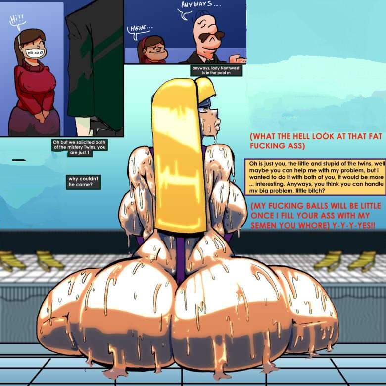 2d, 2d (artwork), 2girls, aged up, ass, back view, backboob, bad edit, bald male, big ass, big breasts, blonde hair, bottom heavy, breasts, brown hair, butler, caucasian, caucasian female, dialogue, edit, edited, erection, female, female focus, futa on female, futanari, gravity falls, intersex, libi dos, looking away, mabel pines, male, mustache, pacifica northwest, purple bikini, shiny hair, shiny skin, sitting, skimpy bikini, sling bikini, uninterested, wet body