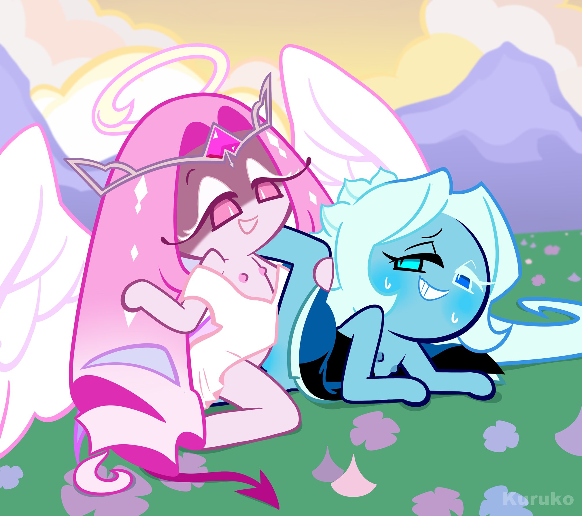 2girls, artstyle imitation, blue nipples, blue skin, blue skinned female, blush, blushing, blushing at partner, blushing female, breasts, breasts out, circlet, cookie run, dominant, dominant female, domination, eternal sugar cookie, female, female only, female/female, femdom, femsub, flat chest, kuruko, lady in azure (shadow milk cookie), lesbian sex, nipples, pink hair, pink nipples, pink skin, pink skinned female, pink-haired female, pussy, pussy grinding, shadow milk cookie, shadowsugar, smile, swear, sweat, sweating, sweating female, tail, tribadism, watermark, white shirt, white top, white topwear, yuri