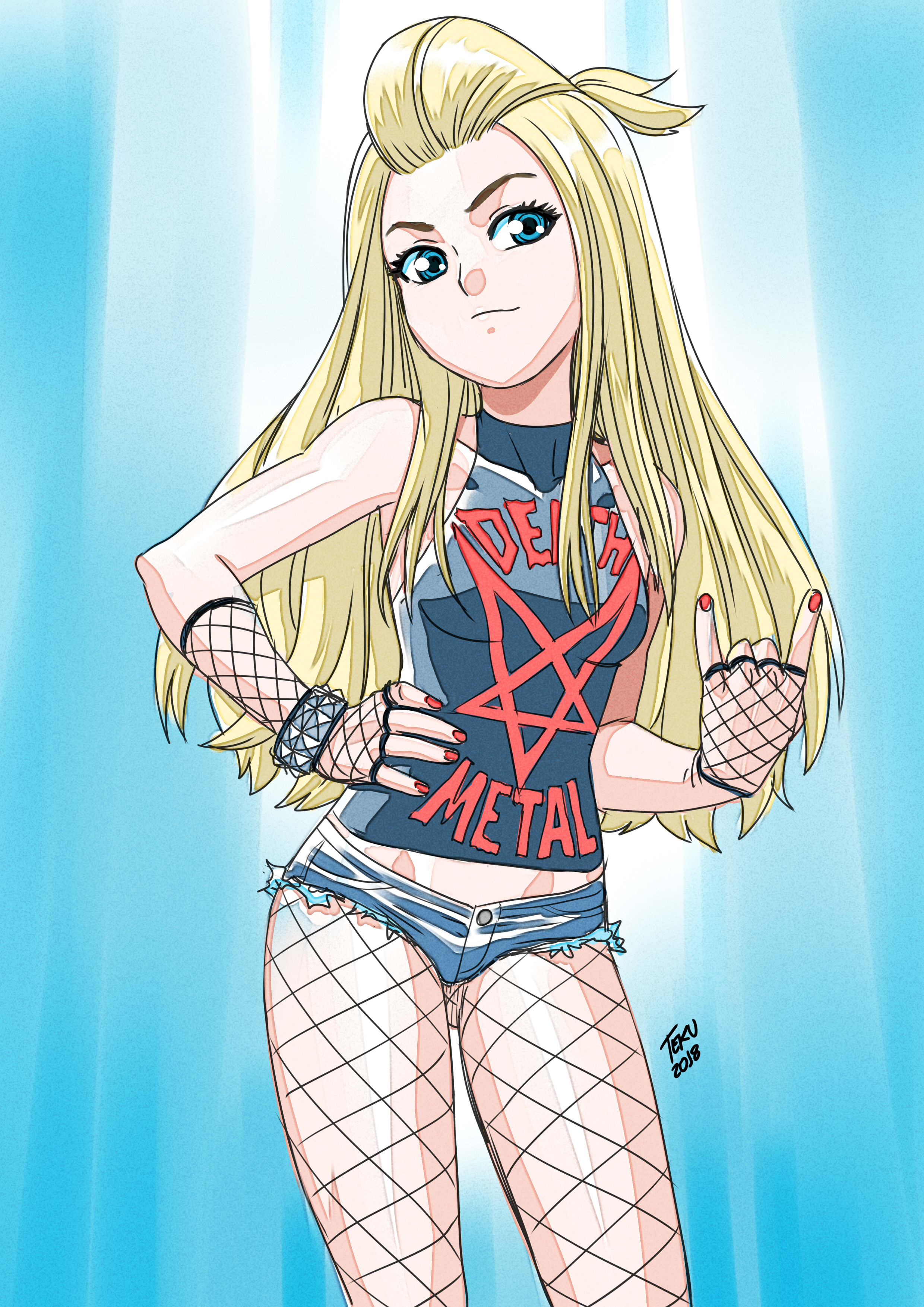 1girls, blonde hair, blue eyes, diana (tekuho), female, female only, fingerless gloves, fishnet, fishnet pantyhose, fishnets, gloves, long hair, nail polish, original, painted fingernails, painted nails, revealing clothes, short shorts, shorts, simple background, solo, teenager, tekuho