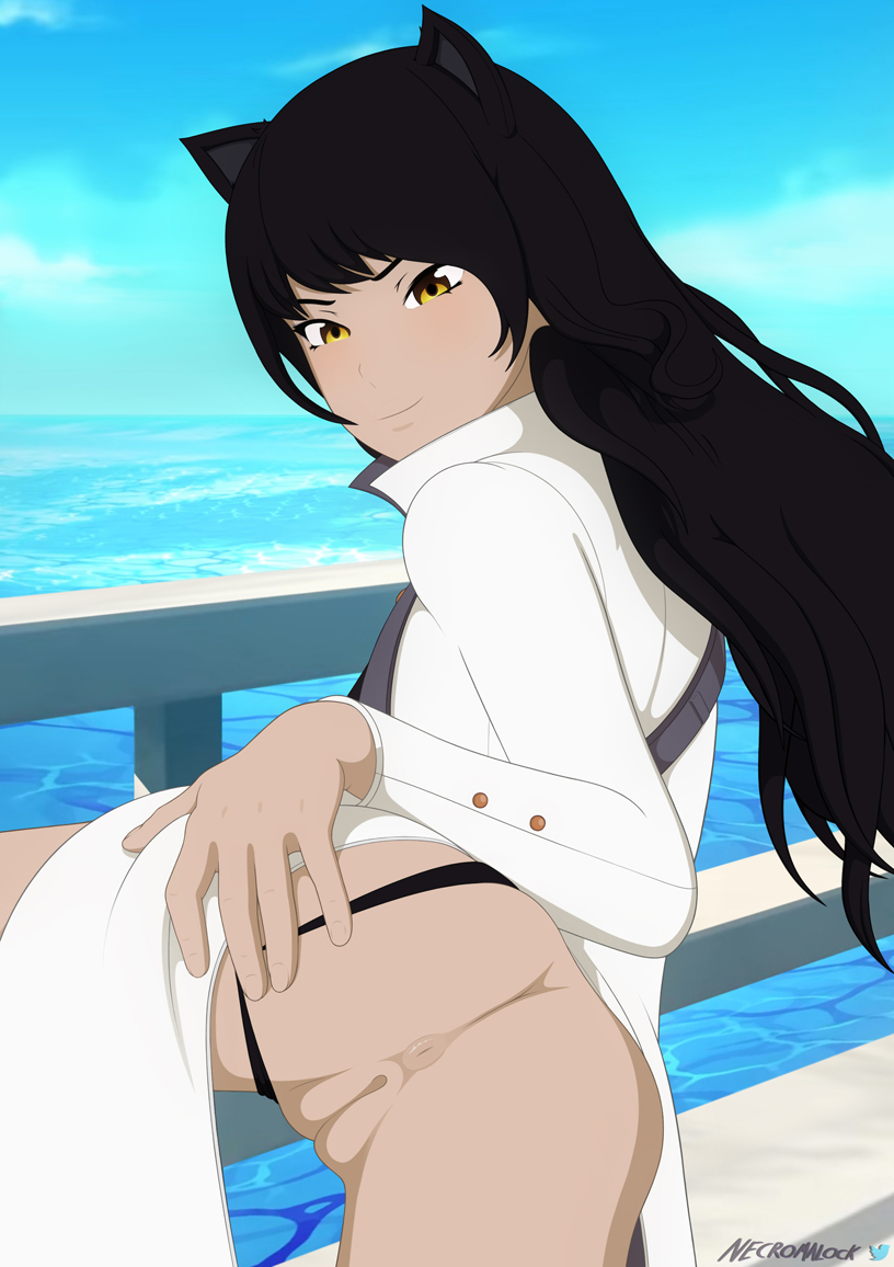 animal ears, anus, ass, black hair, blake belladonna, clothed, female, necromalock, ocean, pussy, rwby, spreading, stripping, tagme, thong, yellow eyes