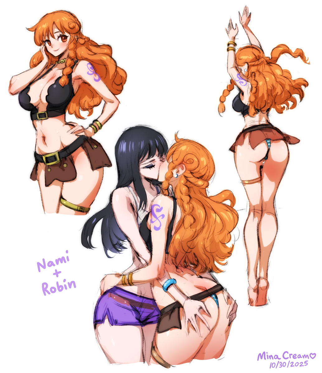 2girls, arm tattoo, black hair, black-haired female, blue tattoo, female, female only, grabbing another's ass, grabbing ass, groping ass, kiss on lips, kissing, lesbian, minacream, nami (one piece), nico robin, one piece, one piece: elbaf arc, orange hair, orange-haired female, tattoo