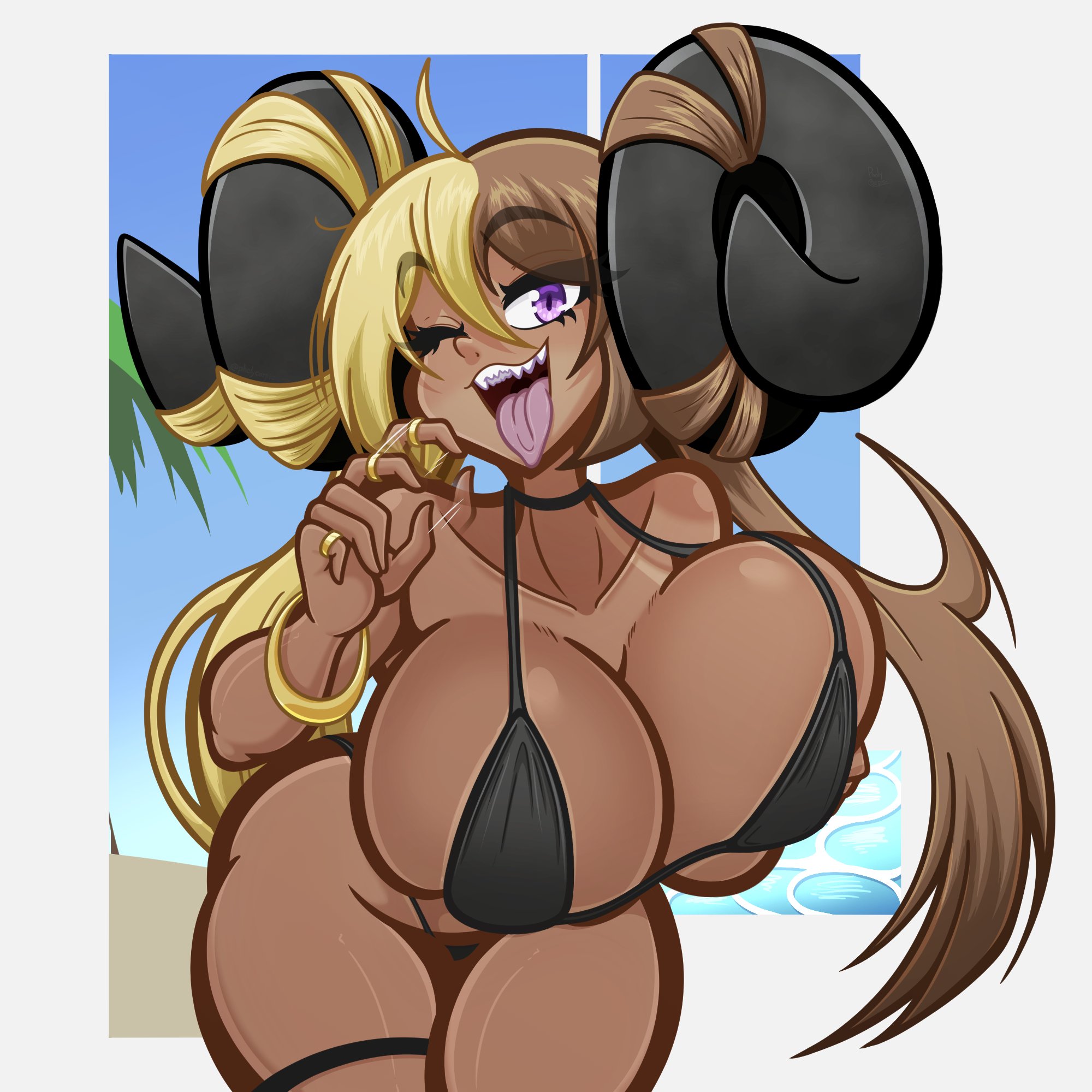 1girls, aife (zanamaoria), big breasts, bikini, black bikini, blonde hair, breasts, brown hair, curved horns, eyelashes, fellatio gesture, female, female only, gesture, hair on horn, hi res, horns, long hair, looking at viewer, naughty face, open mouth, pholycarpie, purple eyes, sharp teeth, smiling, smiling at viewer, solo, succubus, succubus horns, tongue, tongue out, two-tone hair, wink, winking at viewer