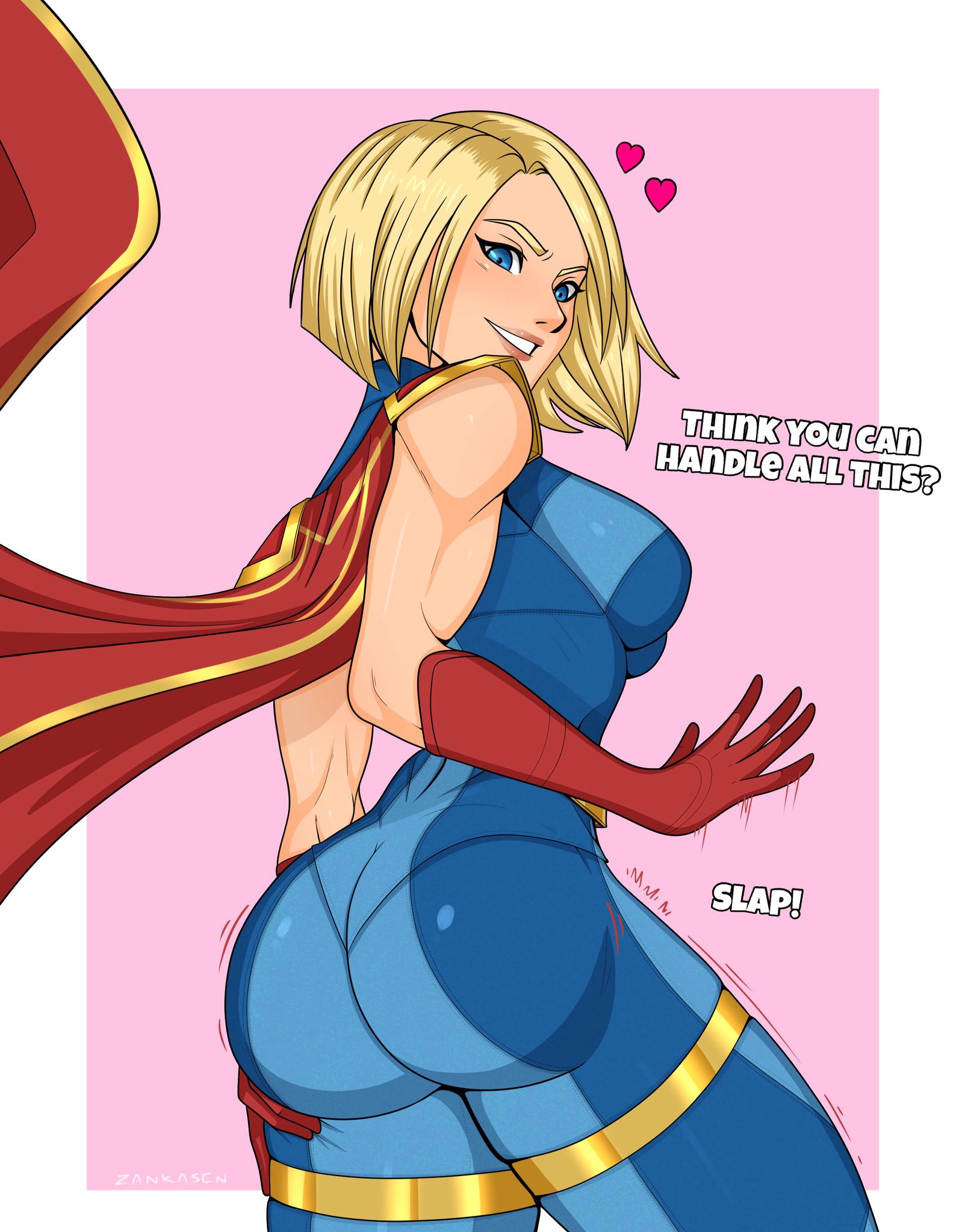 1girls, ass, big ass, blonde hair, blue bodysuit, blue eyes, bodysuit, breasts, busty, cape, dc, dc comics, english text, female, female only, heart, injustice 2, kara danvers, kara zor-el, kryptonian, large ass, light skin, light-skinned female, looking over shoulder, medium breasts, round ass, short hair, slapping own ass, supergirl, supergirl (injustice), superheroine, superman (series), text, thick thighs, tight clothing, zankasen
