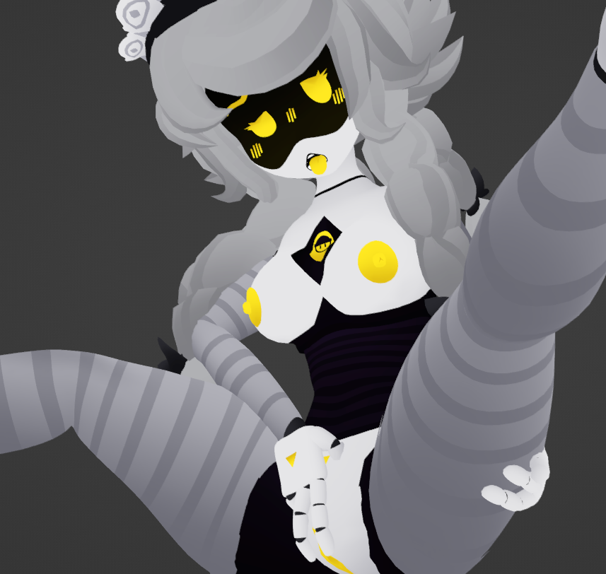1girls, cyn (murder drones), female, female only, fingering self, glitch productions, legs open, masturbation, murder drones, pussy, raynbowfuck, robot, robot girl, robot humanoid, screen face, silver hair, twintails, twintails (hairstyle), vrchat, vrchat avatar, yellow eyes, yellow nipples, yellow pussy