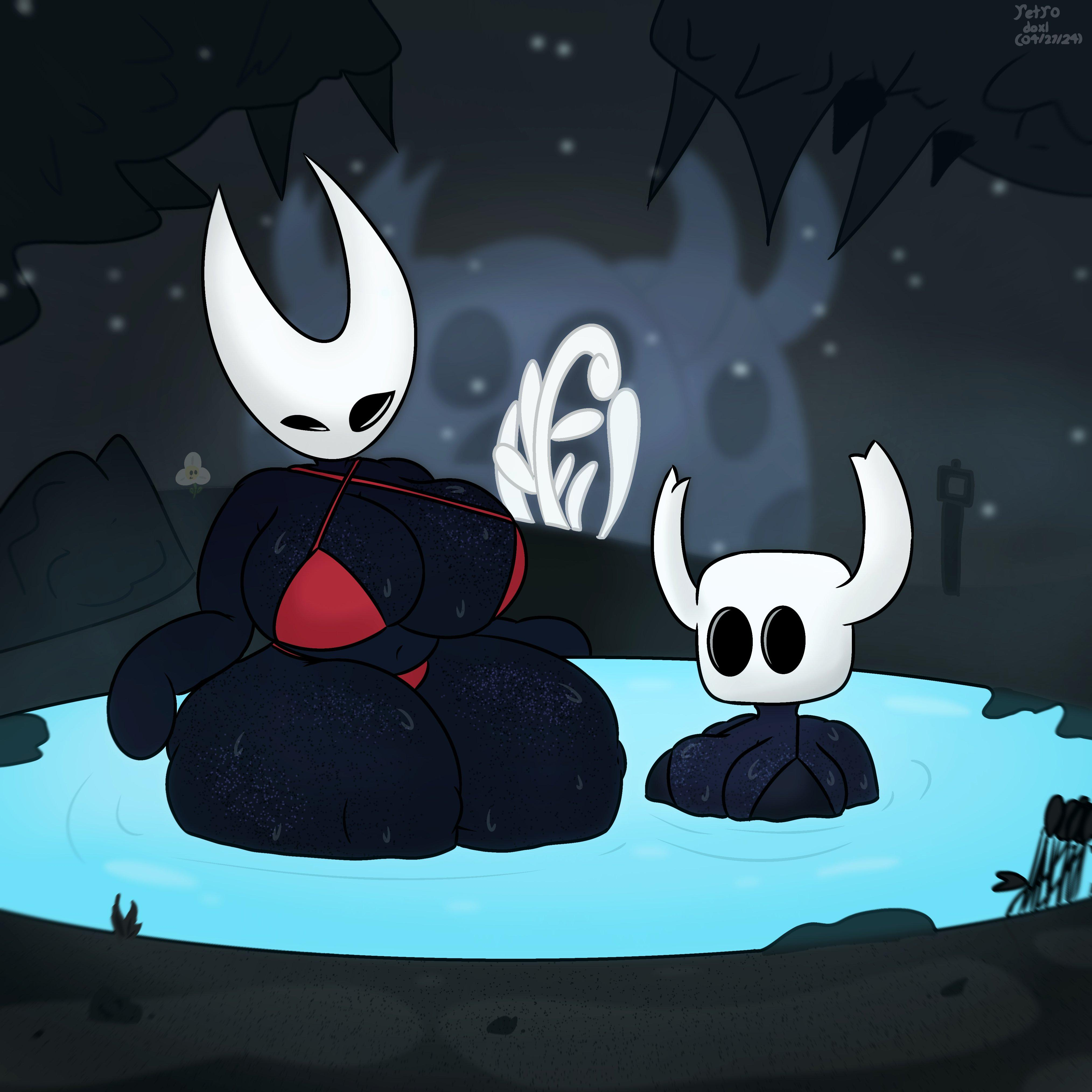 2girls, bikini, breasts, busty, female, female only, genderswap, hollow knight, hornet (hollow knight), hot spring, incest (lore), large breasts, protagonist (hollow knight), retrodoxl, tagme, the knight (hollow knight), thick thighs