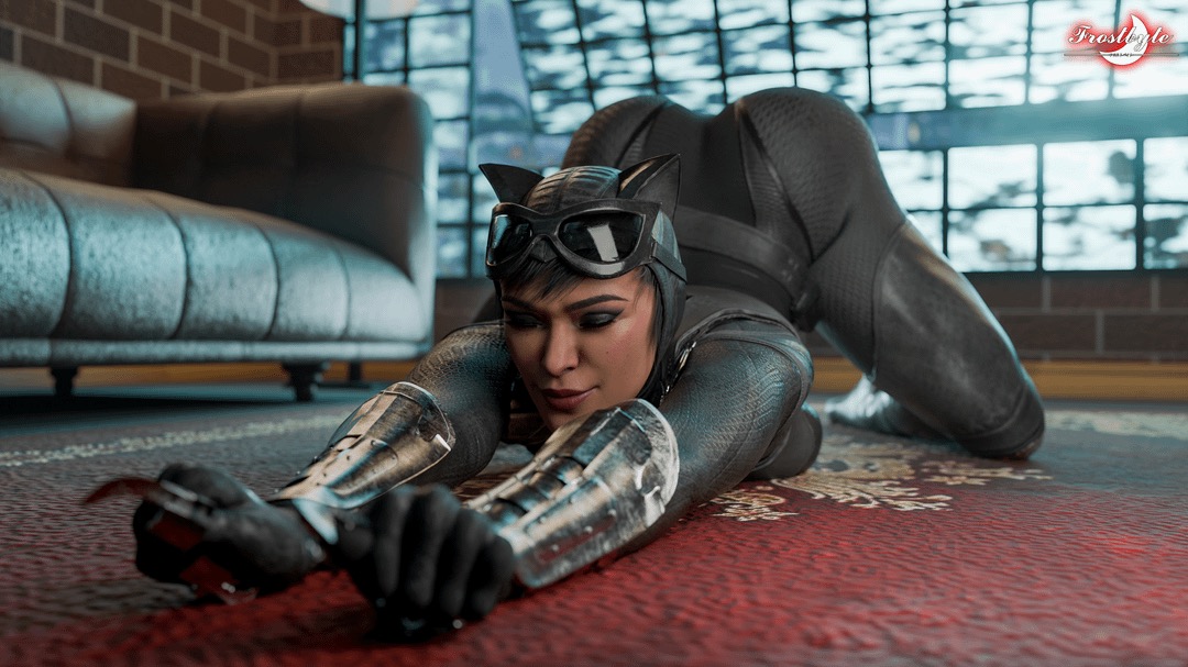 1girls, 3d, 3d (artwork), 3d model, 3d render, artist name, ass, ass up, batman (series), bodysuit, boots, breast squish, breasts, cat ears, catsuit, catwoman, catwoman (injustice), clothed, clothed female, dc, dc comics, eyes closed, eyeshadow, face down ass up, female, female focus, female only, frostbyte3d, goggles, goggles on head, injustice 2, leather, makeup, selina kyle, smile, solo, solo female, stretching