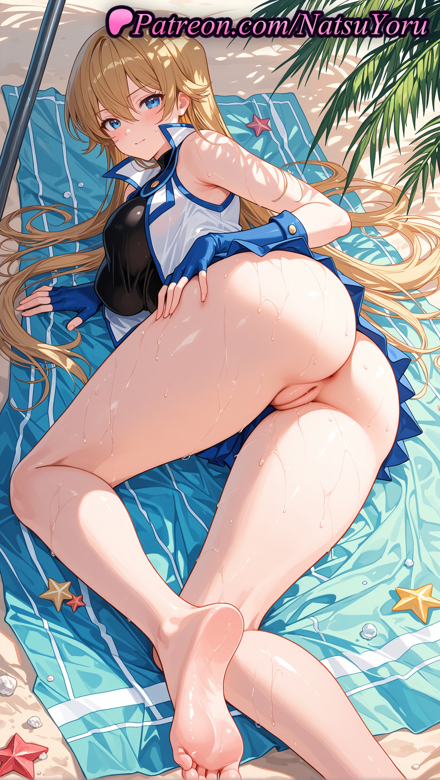 1girls, 2025, ai generated, alexis rhodes, alexis rhodes (arc-v), alexis rhodes (cosplay), anus, ass, bare shoulders, barefoot, beach, blonde hair, blue eyes, blue gloves, blue skirt, blush, breasts, feet, female, fingerless gloves, gloves, hi res, highres, konami, large breasts, legs, long hair, looking at viewer, looking back, lying, natsuyoru, no panties, on side, oshiri, patreon, pussy, skirt, smile, soles, solo, thighs, toes, towel, uncensored, vagina, voluptuous, voluptuous female, wet, yu-gi-oh!, yu-gi-oh! gx