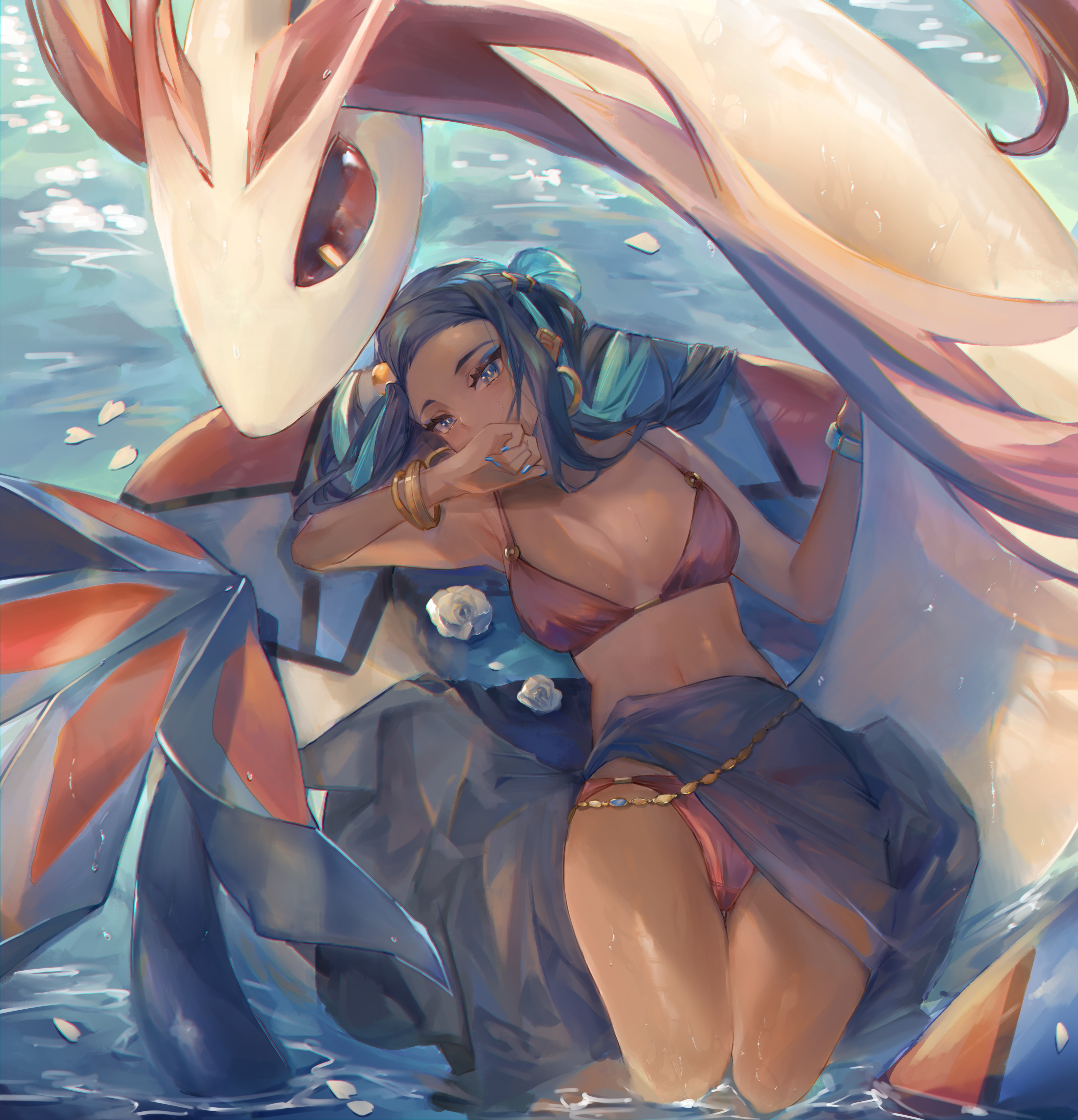 absurdres, bare shoulders, belly chain, bikini, black hair, blue eyes, blue eyeshadow, blue hair, bracelet, breasts, cleavage, collarbone, dark skin, dark-skinned female, earclip, earrings, eyeshadow, female, female only, forehead, gen 3 pokemon, hair bun, highres, hoop earrings, jewelry, large breasts, long hair, looking at viewer, lying, makeup, milotic, multicolored hair, navel, nessa (pokemon), nintendo, on back, parted bangs, pokemon, pokemon (creature), pokemon ss, pokemon swsh, ryuuji teitoku, sarong, single hair bun, swimsuit, thighs, two-tone hair, water