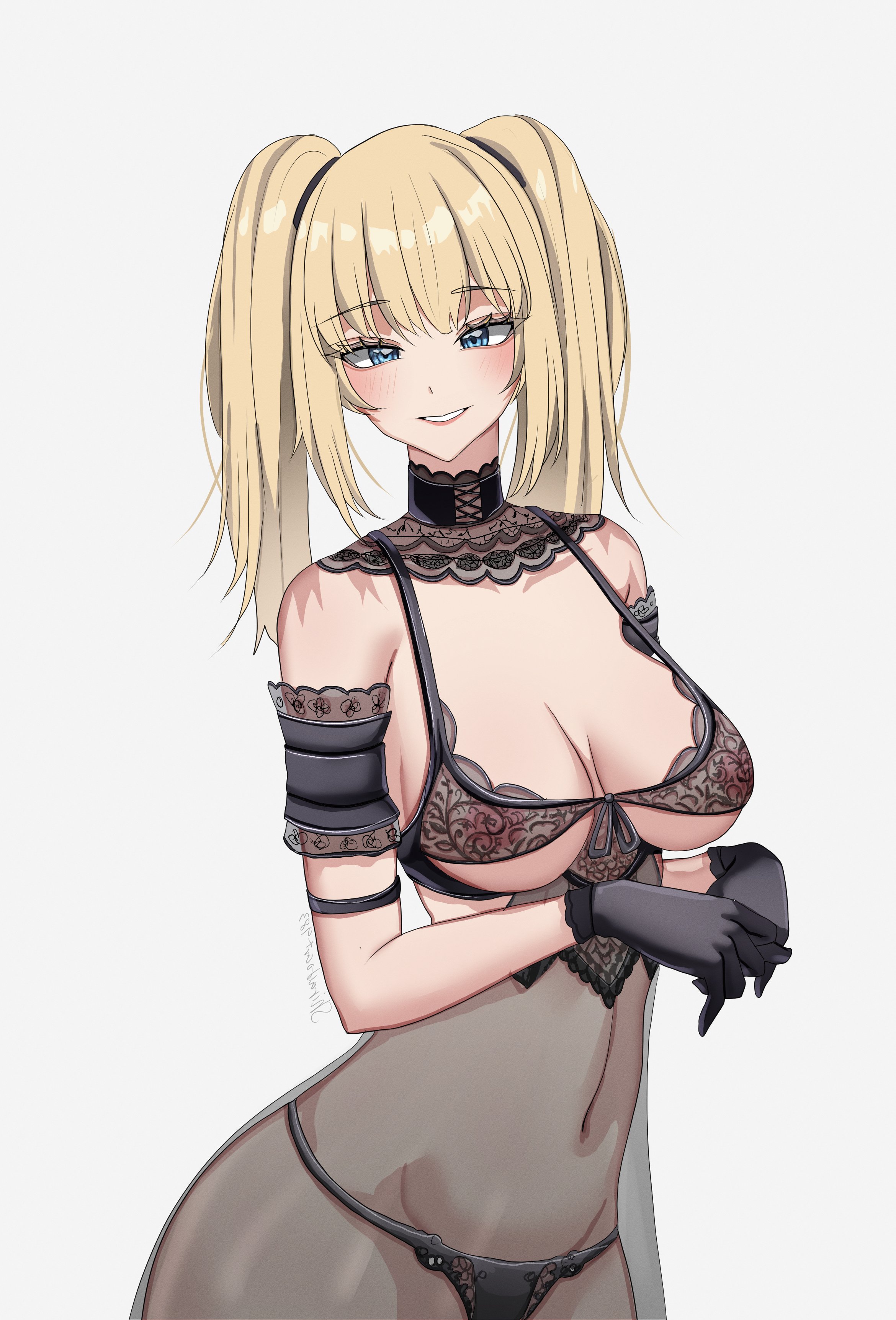 absurdres, ani (twitter), ani (xai), artist name, bare shoulders, black gloves, black panties, blue eyes, blush, bra, breasts, cleavage, english commentary, eyelashes, female, gloves, highres, large breasts, lingerie, long hair, looking at viewer, navel, nipples, own hands together, panties, parted lips, see-through clothes, shiraitoart983, signature, smile, solo, twintails, twitter, underwear, white background, xai (company)