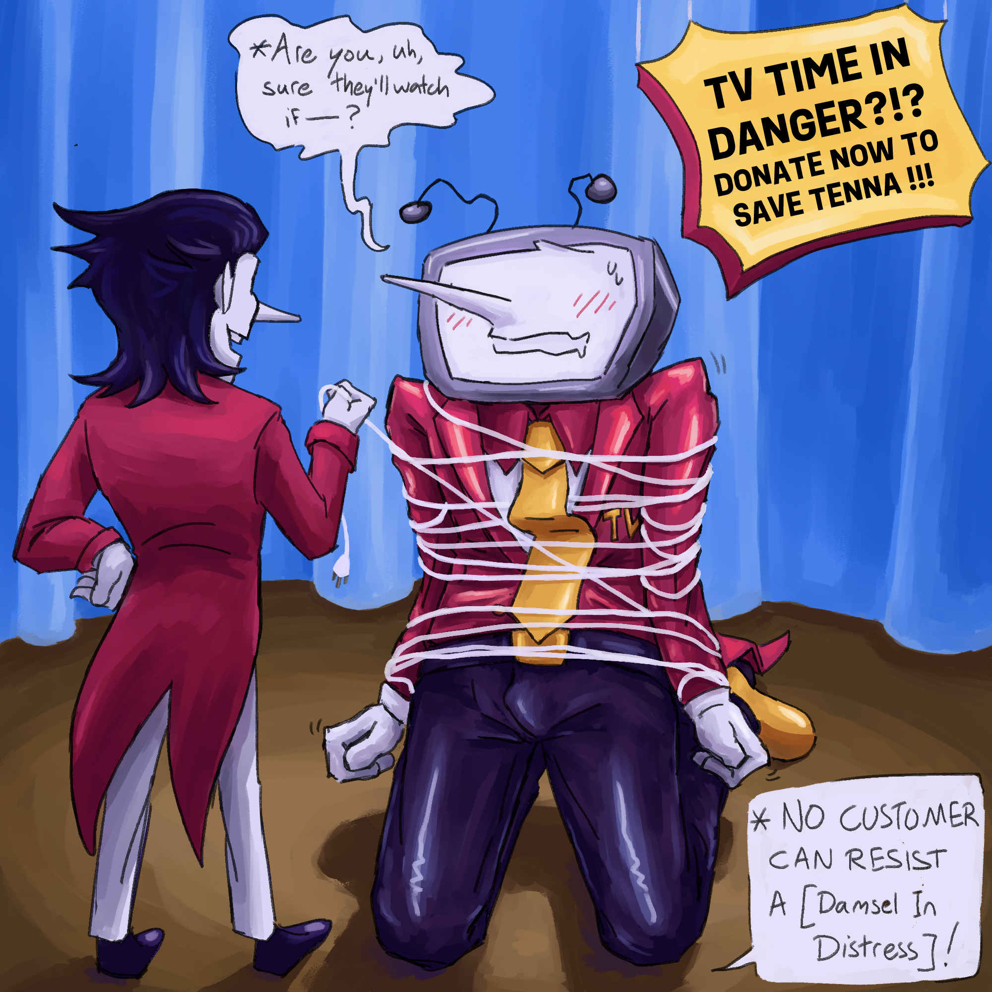 black hair, blush, blush lines, bondage, bound, deltarune, deltarune chapter 2, deltarune chapter 3, english text, male, male bondage, male only, pulling wires, restrained, shaggy hair, spamtenna, spamton g spamton, tenna (deltarune), tied up, tv, tv head, tv screen