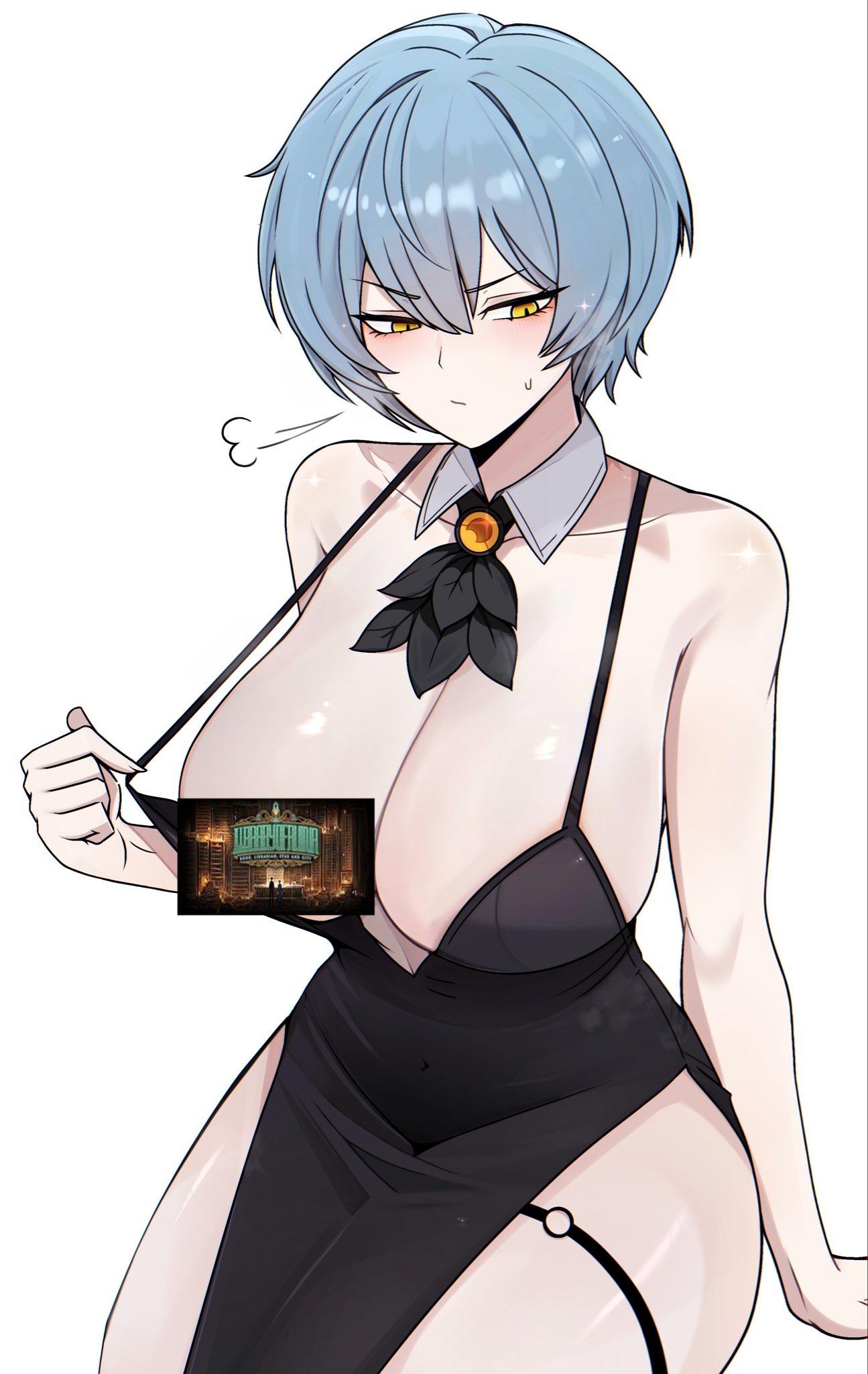 angela (lobotomy corporation), blue hair, blush, breasts, censored, censored nipples, closed mouth, collared dress, dress, dress pull, female, female focus, female only, human, large breasts, library of ruina, looking away, looking down, m ayonessa, open clothing, project moon, sexy, sexy body, short hair, thigh strap, thighs, yellow eyes
