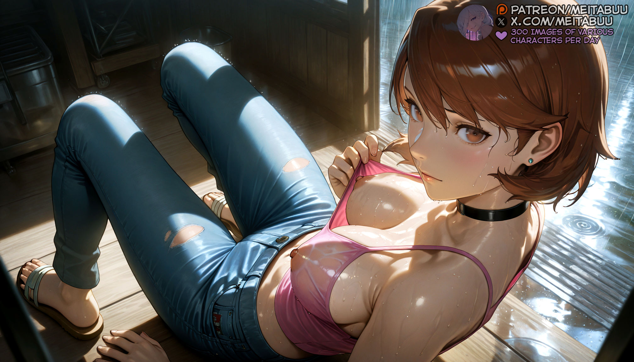 ai generated, atlus, bare shoulders, belt, black choker, blue pants, blush, breasts, brown eyes, brown hair, camisole, choker, closed mouth, clothes pull, collarbone, covered nipples, crop top, denim, doorway, earrings, feet, female, jeans, jewelry, knees up, large breasts, lips, looking at viewer, looking back, medium breasts, meitabuu, midriff, navel, nipples, no bra, outdoors, pants, persona, persona 3, persona 3 reload, piercing, pink camisole, pink shirt, porch, pulled by self, rain, sandals, see-through, see-through shirt, shiny skin, shirt, shirt pull, short hair, sitting, solo, stud earrings, toenail polish, toenails, toes, torn clothes, torn jeans, torn pants, veranda, wet, wet clothes, wet shirt, wooden floor, yukari takeba