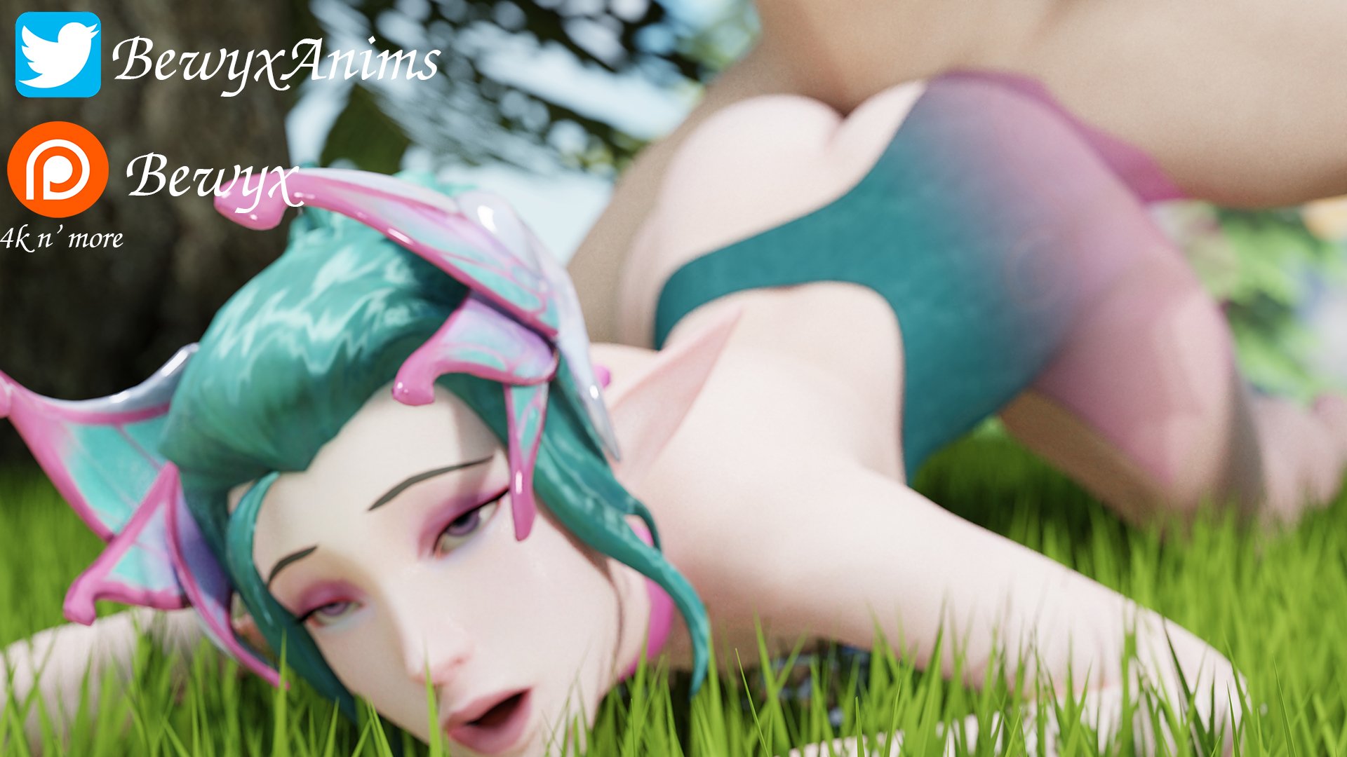 3d, alternate costume, ass, bewyx, blender, blizzard entertainment, blue hair, bulldog position, doggy style, duo, face down ass up, female, female focus, grass, hair ornament, headgear, light skin, long ears, looking pleasured, male, mercy, moaning, nexus763, on stomach, outdoors, outside, overwatch, partial male, pointy ears, straight, sugar plum fairy mercy, tagme, tree, white skin