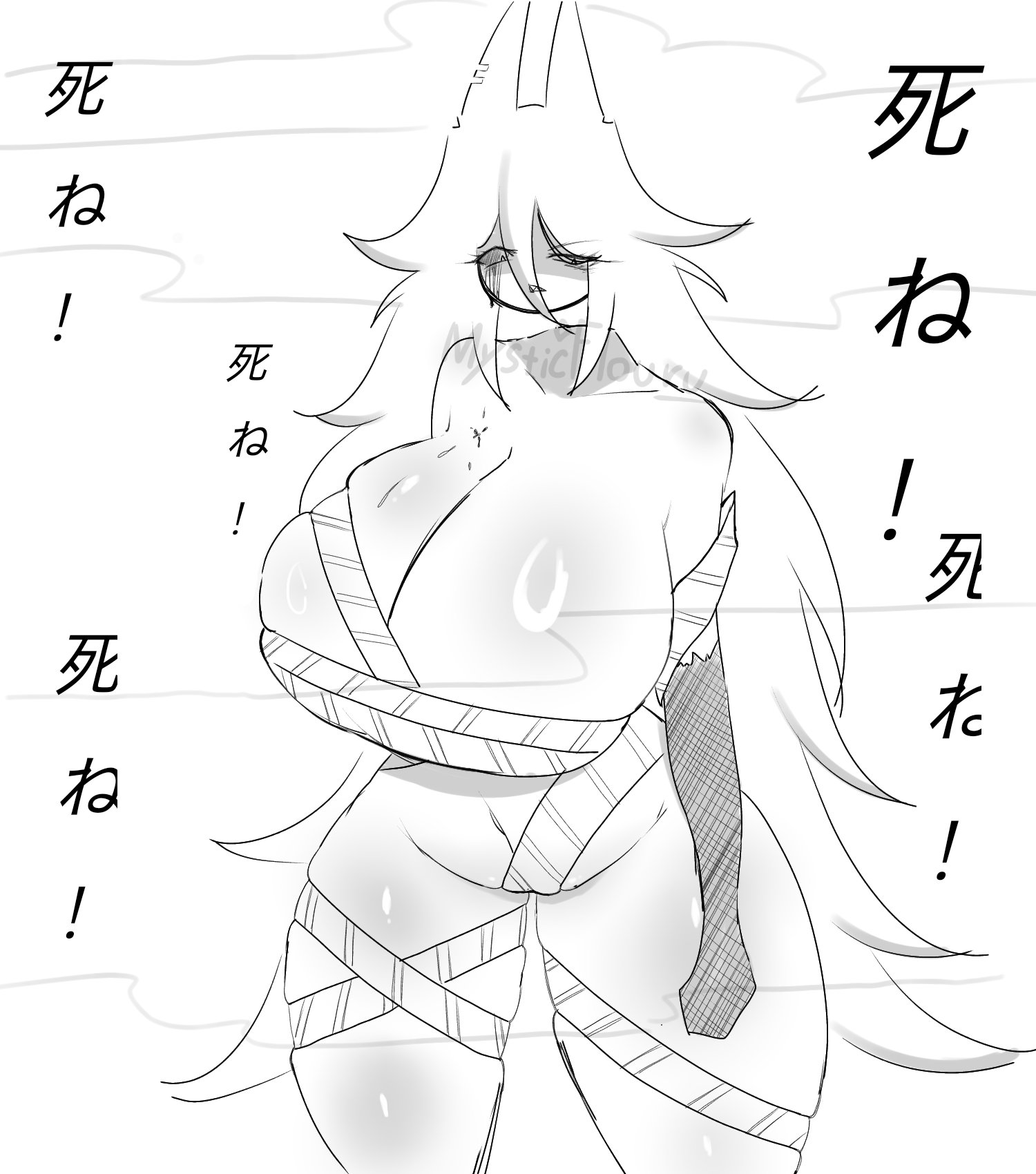 1girls, barely clothed, big breasts, breasts, breasts bigger than head, caution tape, danger circle (fundamental paper education au), female, female focus, female only, fundamental paper education, looking at viewer, miss circle (fundamental paper education), mysticflouru (artist), thick thighs, thighs, white background
