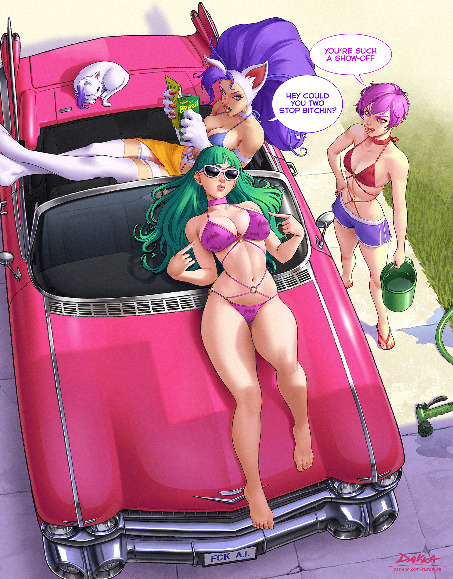 3girls, animal print, animal print bikini, artist name, bangs, bare arms, bare feet, bare legs, bare midriff, bare thighs, barefoot, bat print, belly button, big breasts, bikini, blue eyes, blue hair, blunt bangs, breasts, bucket of water, capcom, car, cat, cat ears, cat girl, cat tail, catgirl, cleavage, darkstalkers, demon, demon girl, feet, felicia (darkstalkers), female, female only, grass, grass field, green hair, high quality, high resolution, high-angle view, huge breasts, in car, light skin, light-skinned female, lilith aensland, long hair, lying on car, morrigan aensland, multiple girls, navel, non-human, non-human only, on car, outdoors, outside, patreon, pink car, pointing at breasts, pointing at self, puckered lips, purple eyes, purple hair, questionable, sandals, sarong, short hair, short shorts, showing off, sisters, small breasts, speech bubble, succubus, suddakka, summer, sunglasses, text, text bubble, toes, vampire (game), vampire savior, vehicle, water bucket, water hose, white fur, white sunglasses