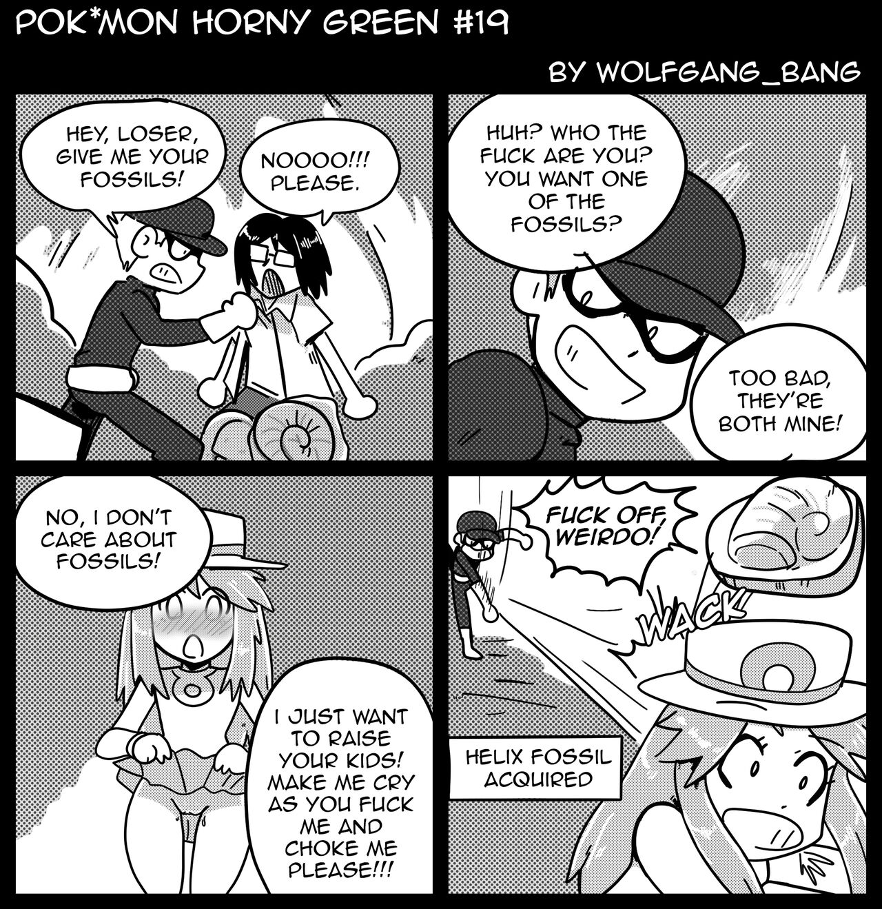 1girls, 2boys, comic, english text, exposed pussy, female, fossil, hat, horny, leaf (pokemon), male, monochrome, no panties, npc trainer, nymphomania, pokemon, pokemon frlg, pokemon horny green, pussy, rejection, scene interpretation, skirt, skirt lift, speech bubble, super nerd (pokemon), team rocket, team rocket grunt, team rocket grunt (male), text, throwing, wolfgang bang