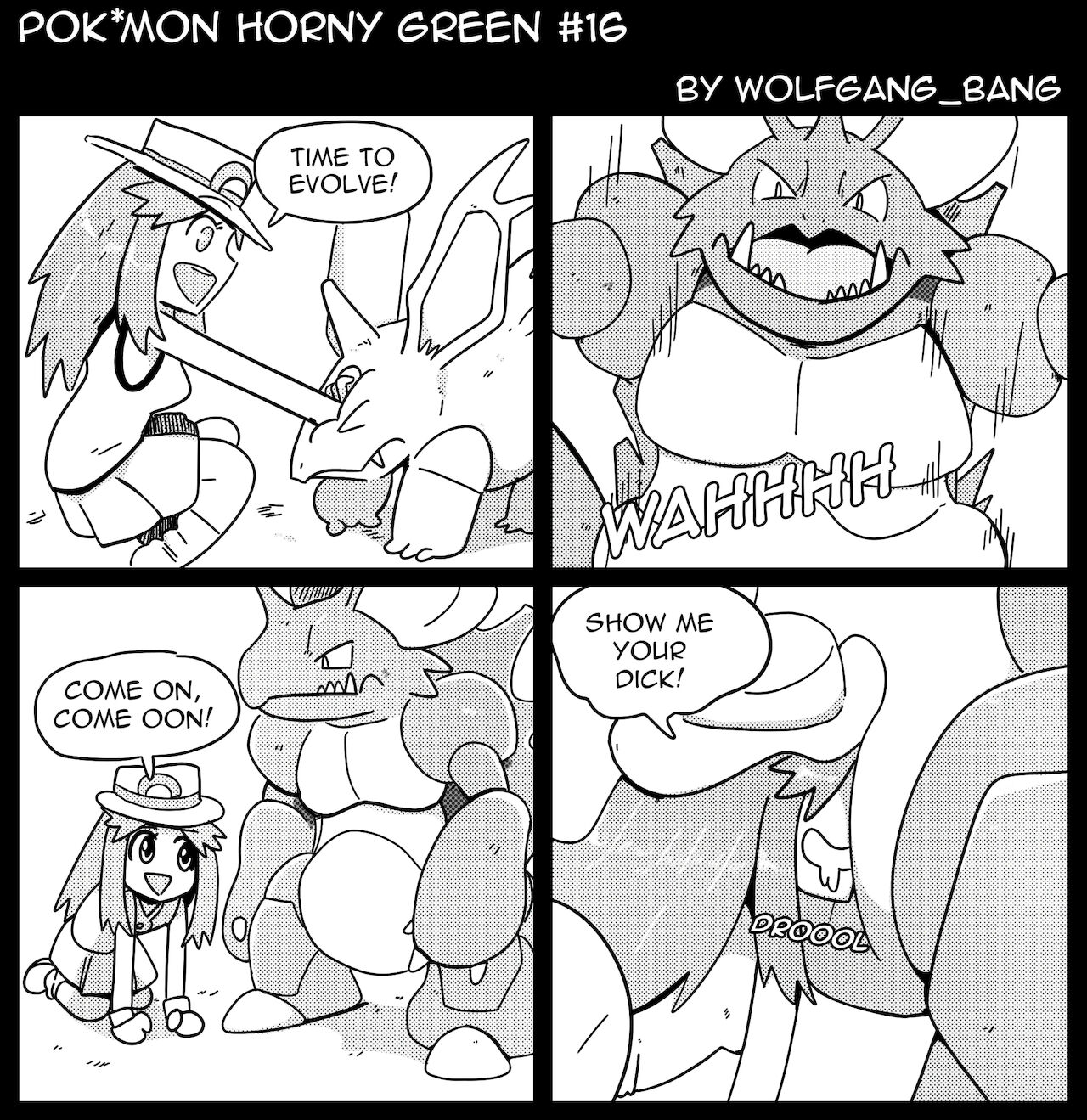 1boy, 1girls, comic, drooling, english text, evolution, female, hat, horny, leaf (pokemon), male, monochrome, nidoking, nidorino, nymphomania, pokémon (species), pokemon, pokemon (species), pokemon frlg, pokemon horny green, pokephilia, speech bubble, text, wolfgang bang