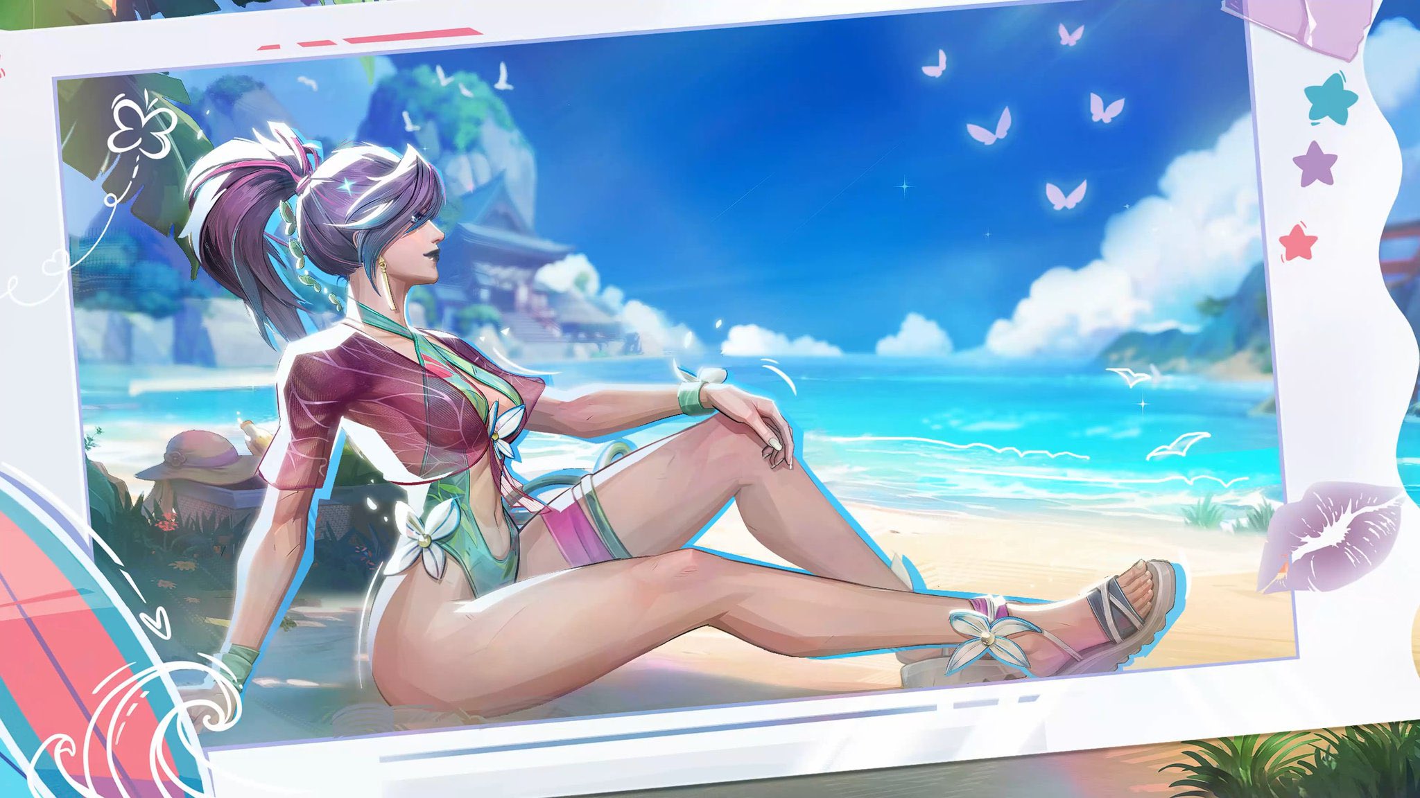 1girls, asian female, beach, big breasts, breasts, busty, cleavage, curvy, earrings, female, highres, light skin, light-skinned female, makeup, marvel, marvel rivals, official art, painted nails, ponytail, psylocke, psylocke (marvel rivals), psylocke (sai) (breezy butterfly), purple hair, sandals, swimsuit, thick thighs, thigh strap, x-men